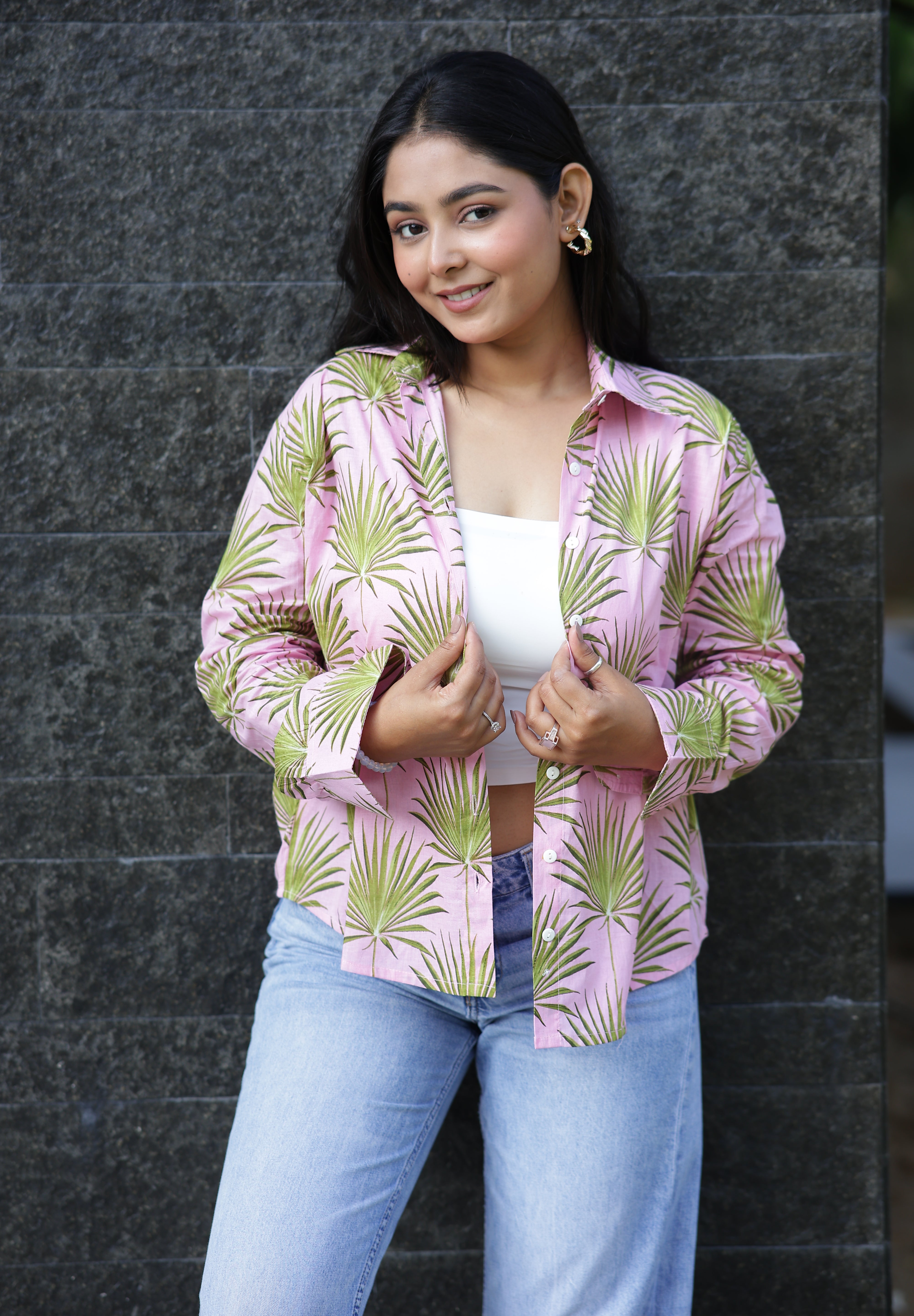 Palm Leaf on Pink 100% Cotton Full Sleeves Women's Shirt