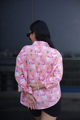 Flamingos on Pink 100% Cotton Full Sleeves Women's Shirt