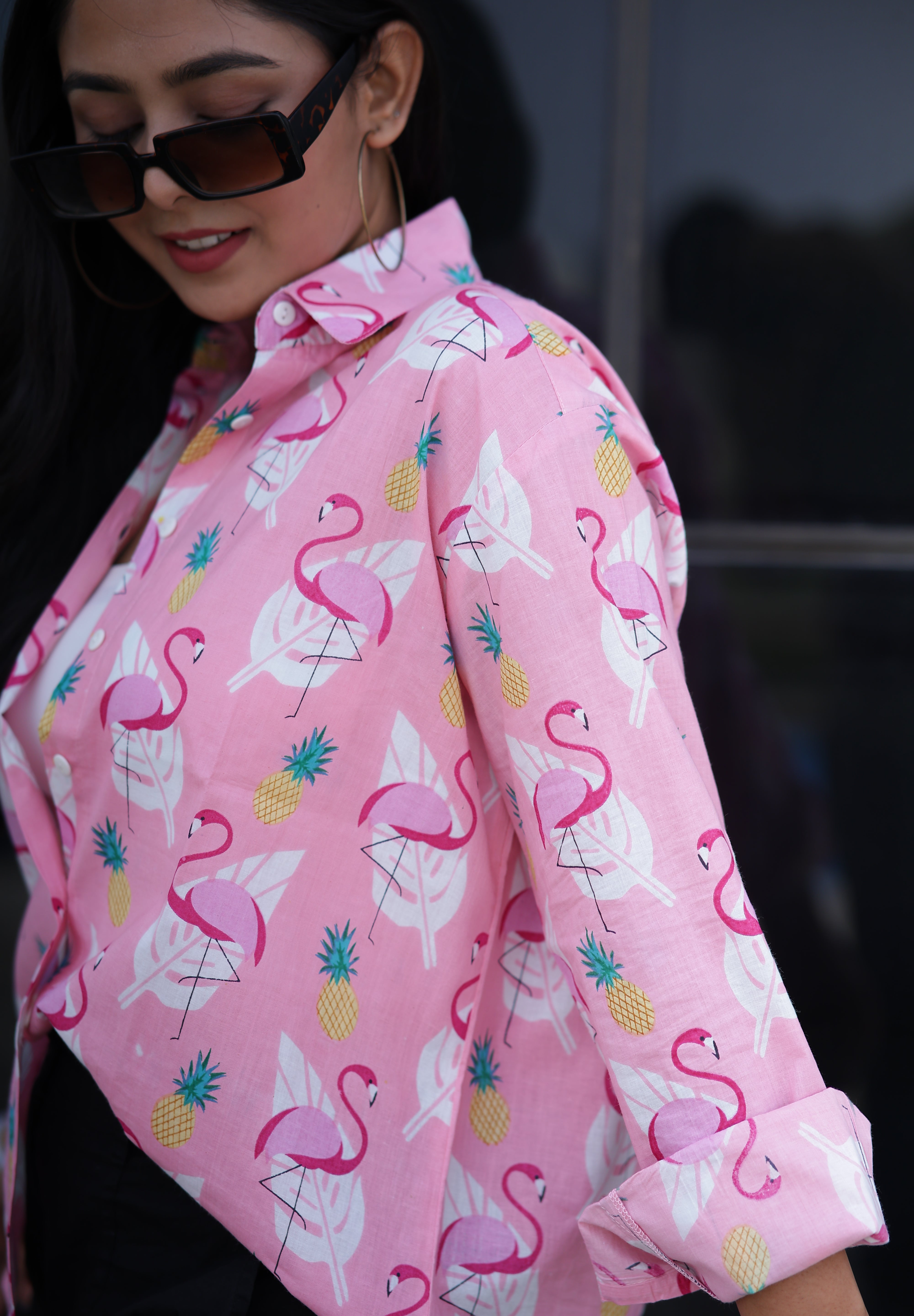 Flamingos on Pink 100% Cotton Full Sleeves Women's Shirt