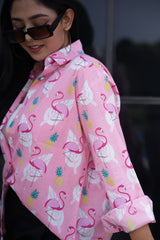 Flamingos on Pink 100% Cotton Full Sleeves Women's Shirt