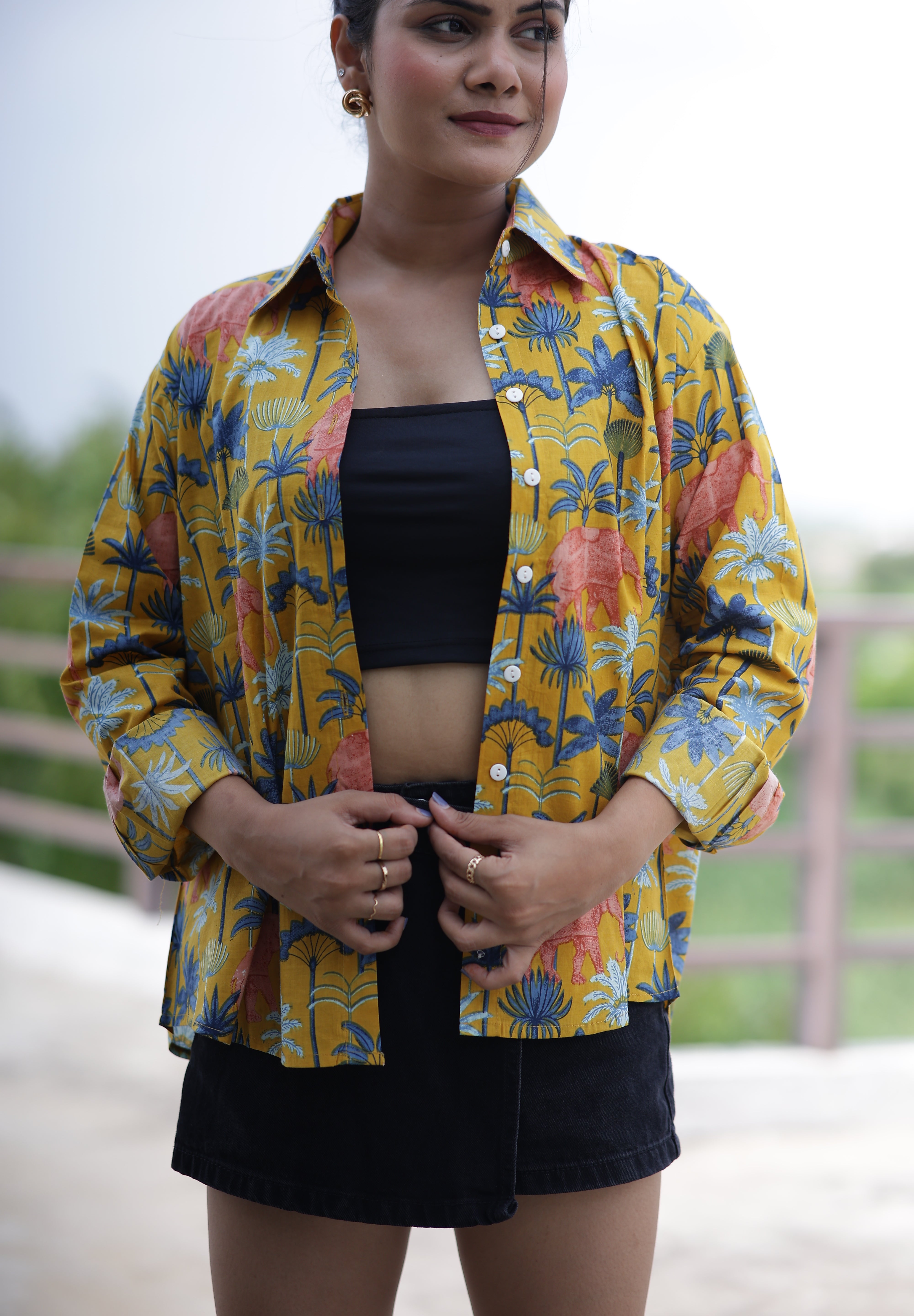 Rainforest on Mustard 100% Cotton Full Sleeves Women's Shirt