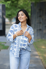Blue Vertical Floral Print 100% Cotton Full Sleeves Women's Shirt