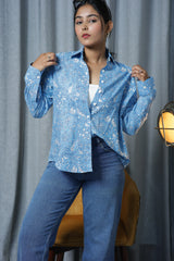 Blue Floral Print 100% Cotton Full Sleeves Women's Shirt