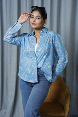 Blue Floral Print 100% Cotton Full Sleeves Women's Shirt
