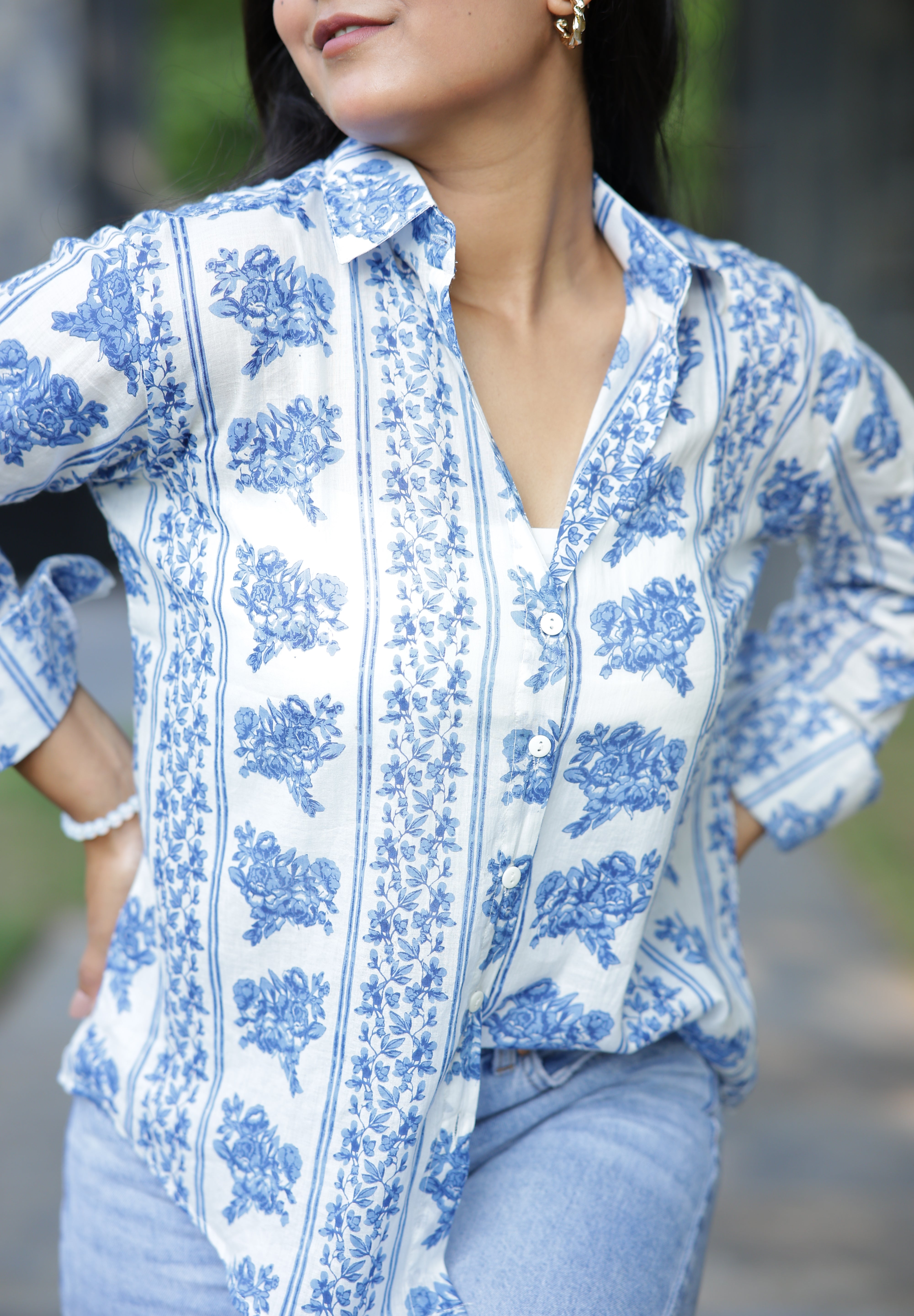 Blue Vertical Floral Print 100% Cotton Full Sleeves Women's Shirt