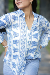 Blue Vertical Floral Print 100% Cotton Full Sleeves Women's Shirt