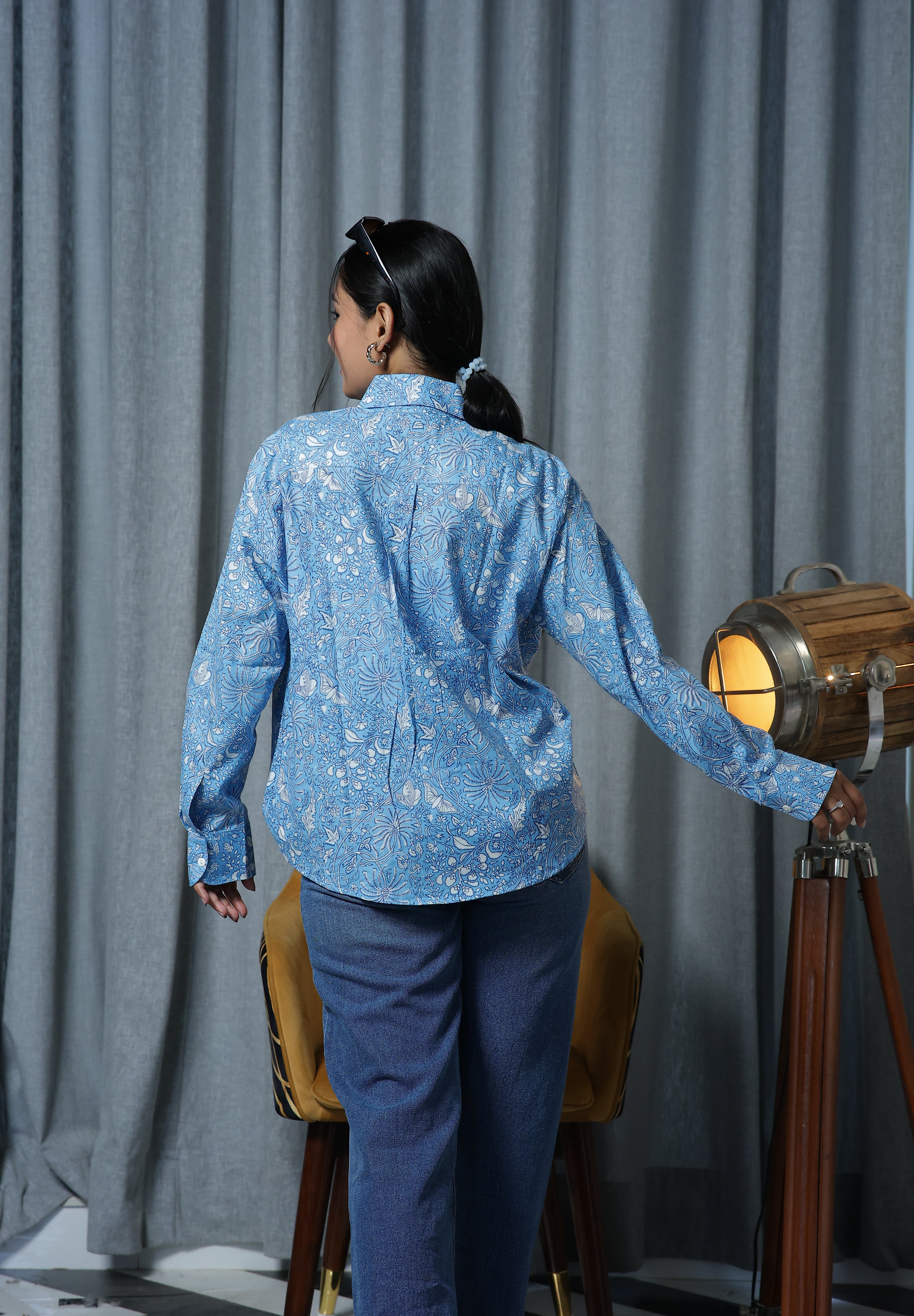 Blue Floral Print 100% Cotton Full Sleeves Women's Shirt