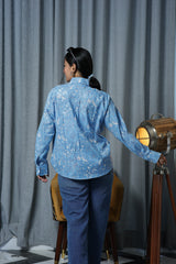 Blue Floral Print 100% Cotton Full Sleeves Women's Shirt