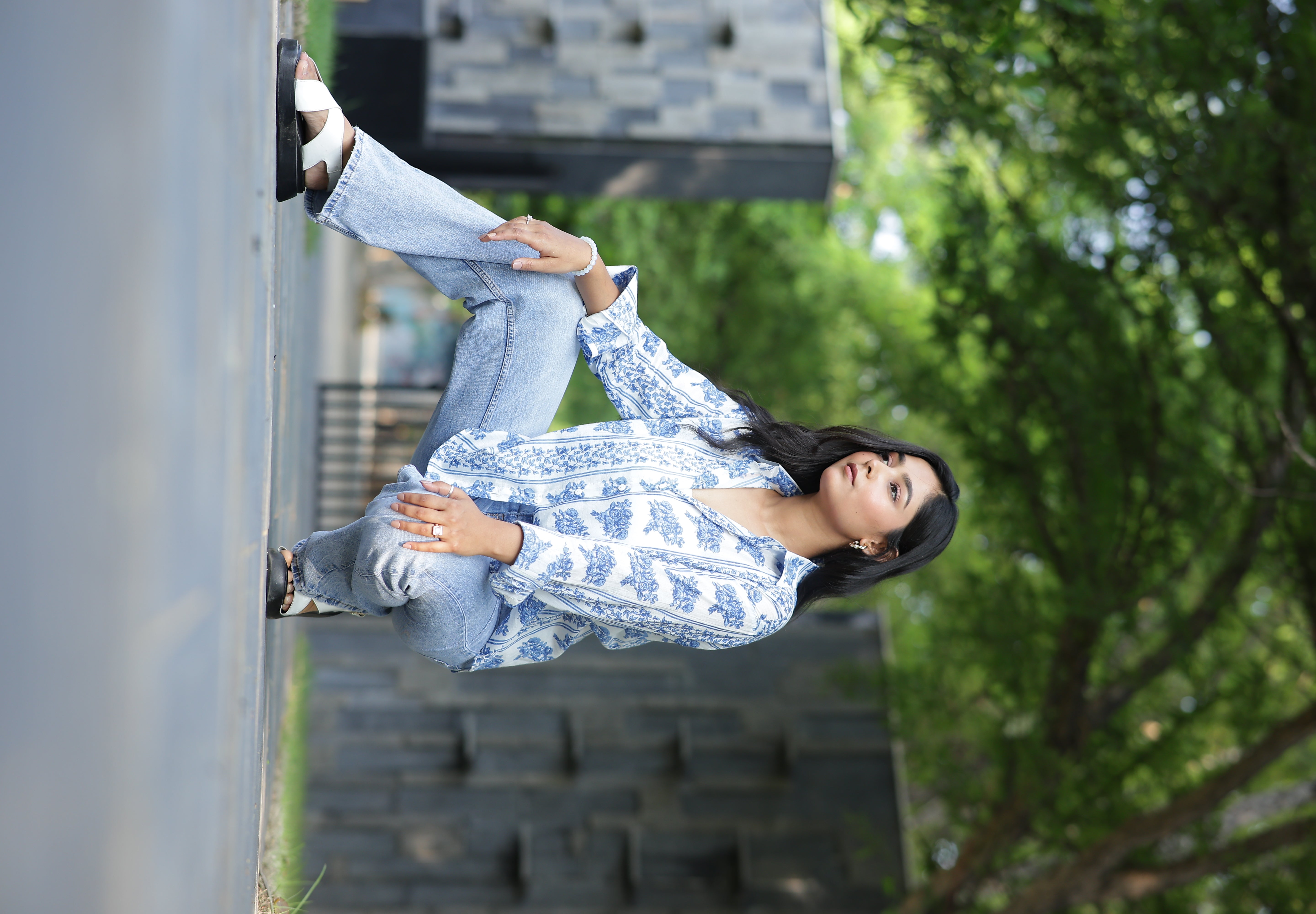 Blue Vertical Floral Print 100% Cotton Full Sleeves Women's Shirt