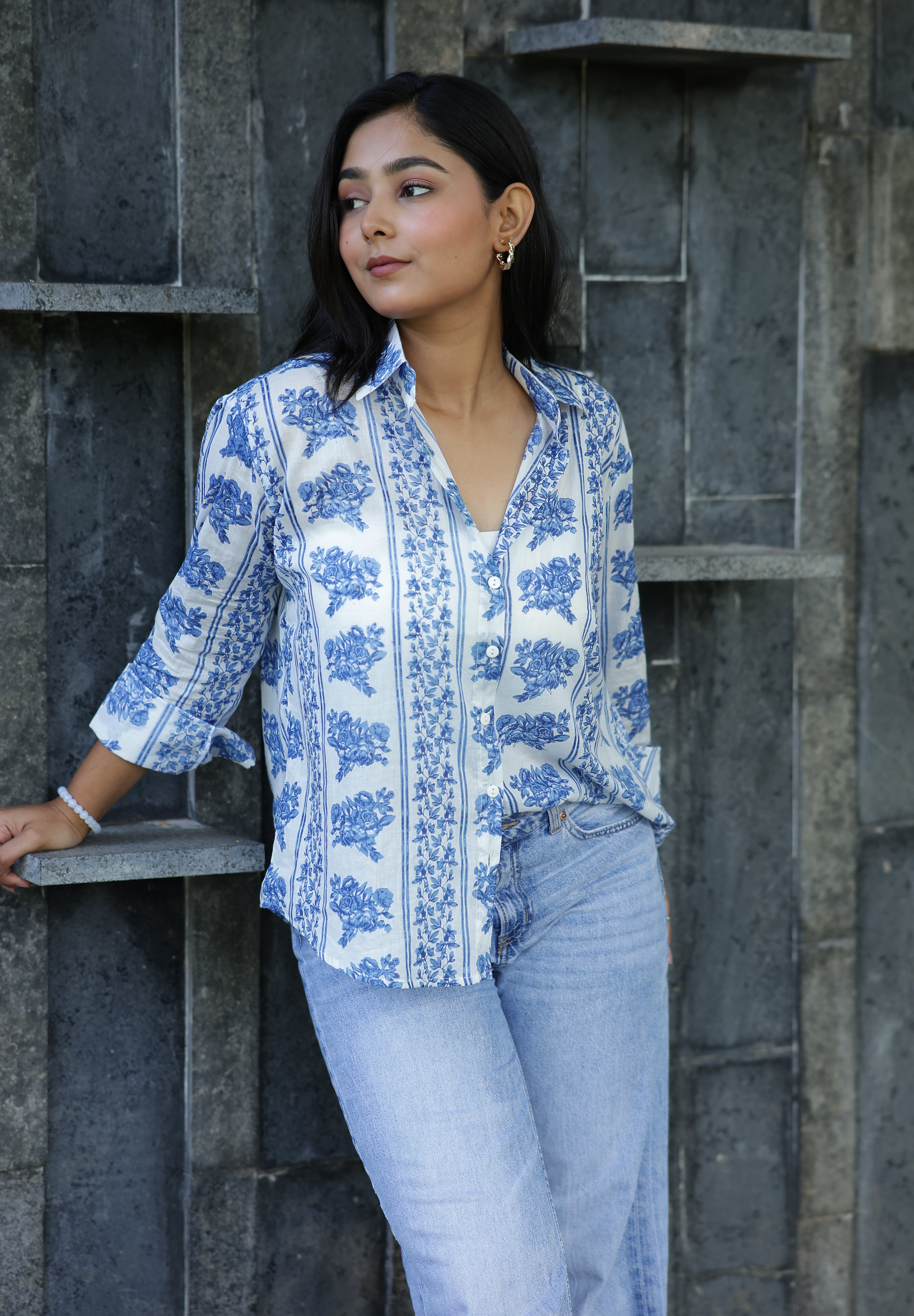 Blue Vertical Floral Print 100% Cotton Full Sleeves Women's Shirt