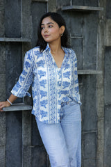 Blue Vertical Floral Print 100% Cotton Full Sleeves Women's Shirt