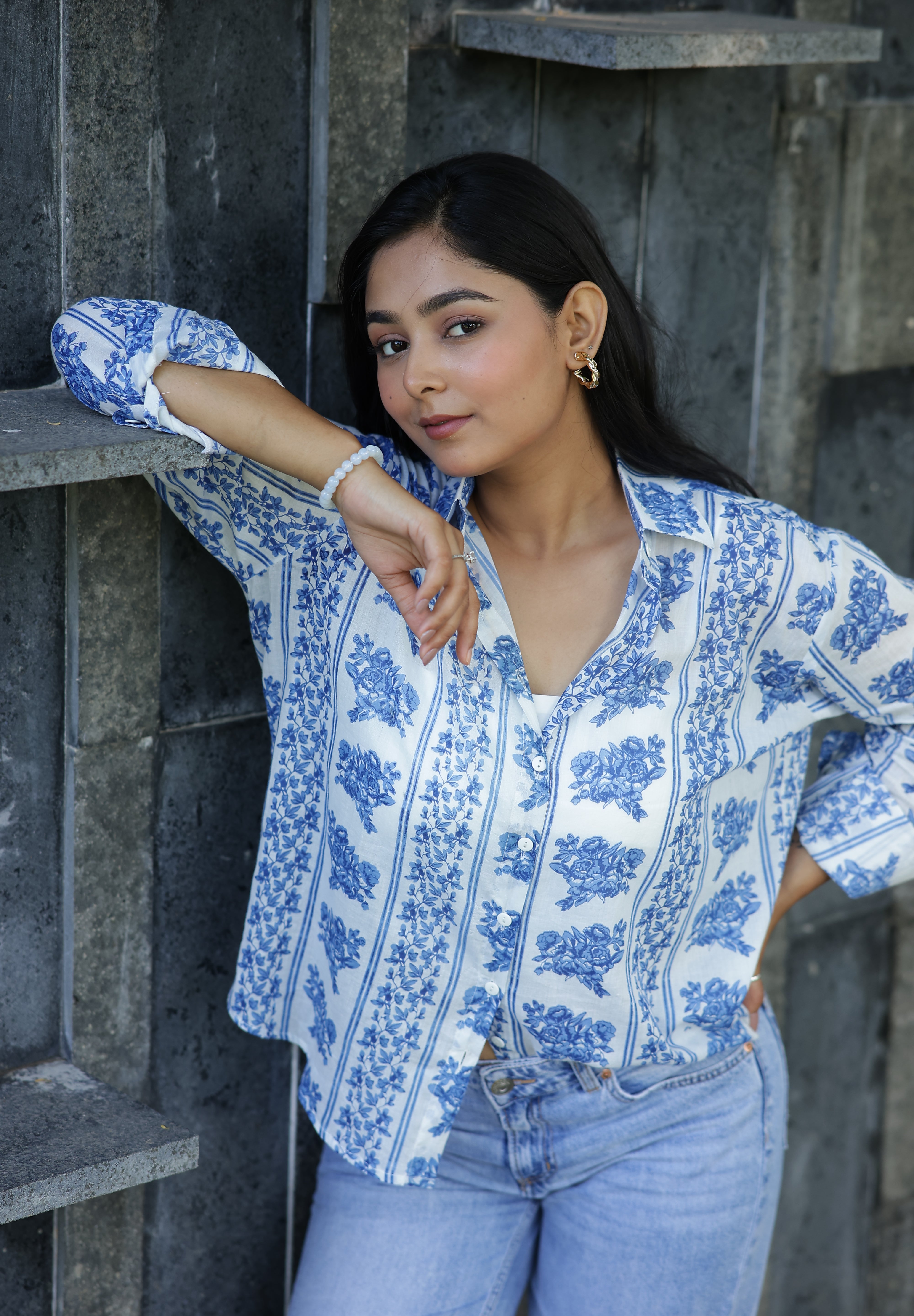 Blue Vertical Floral Print 100% Cotton Full Sleeves Women's Shirt