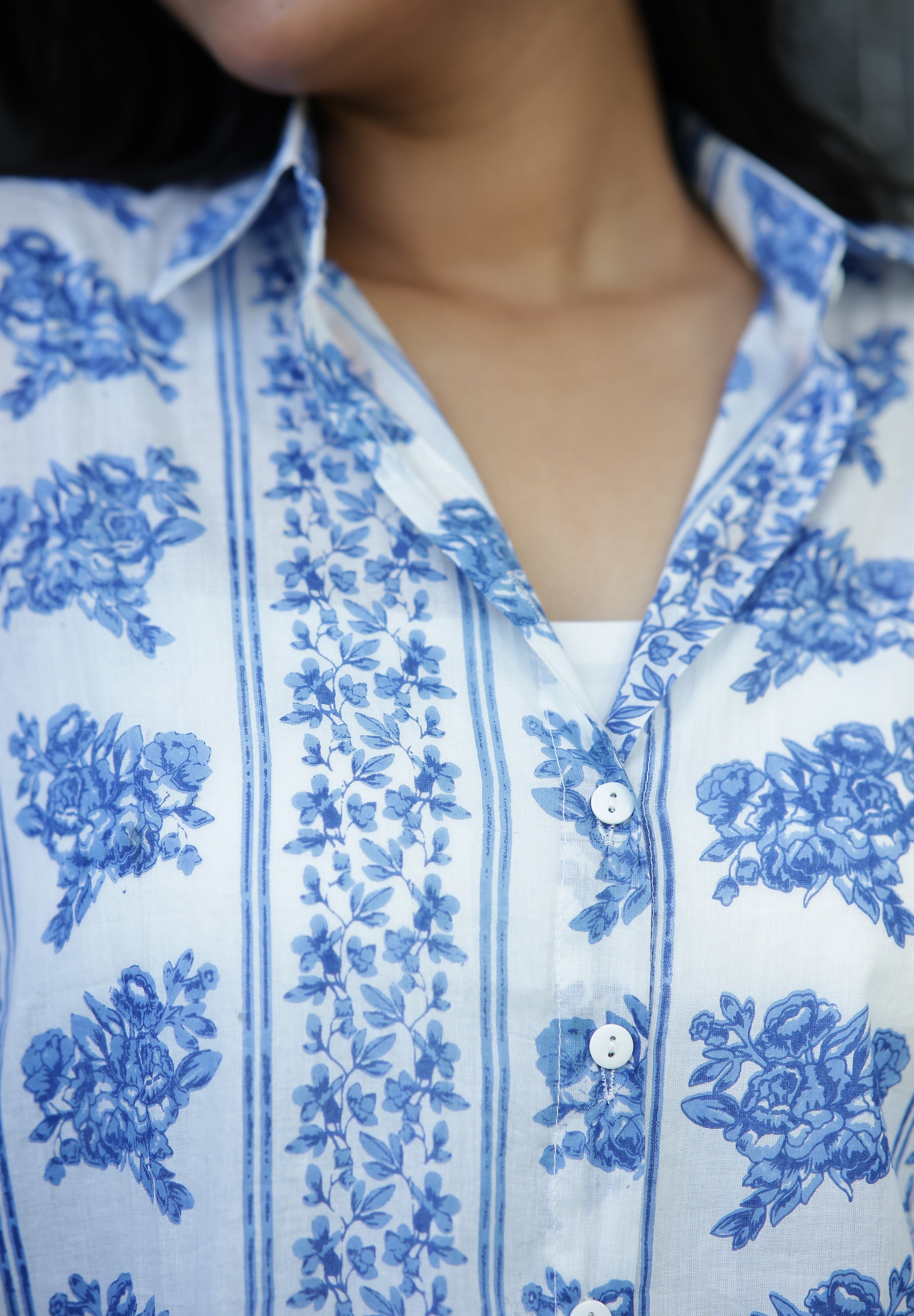 Blue Vertical Floral Print 100% Cotton Full Sleeves Women's Shirt
