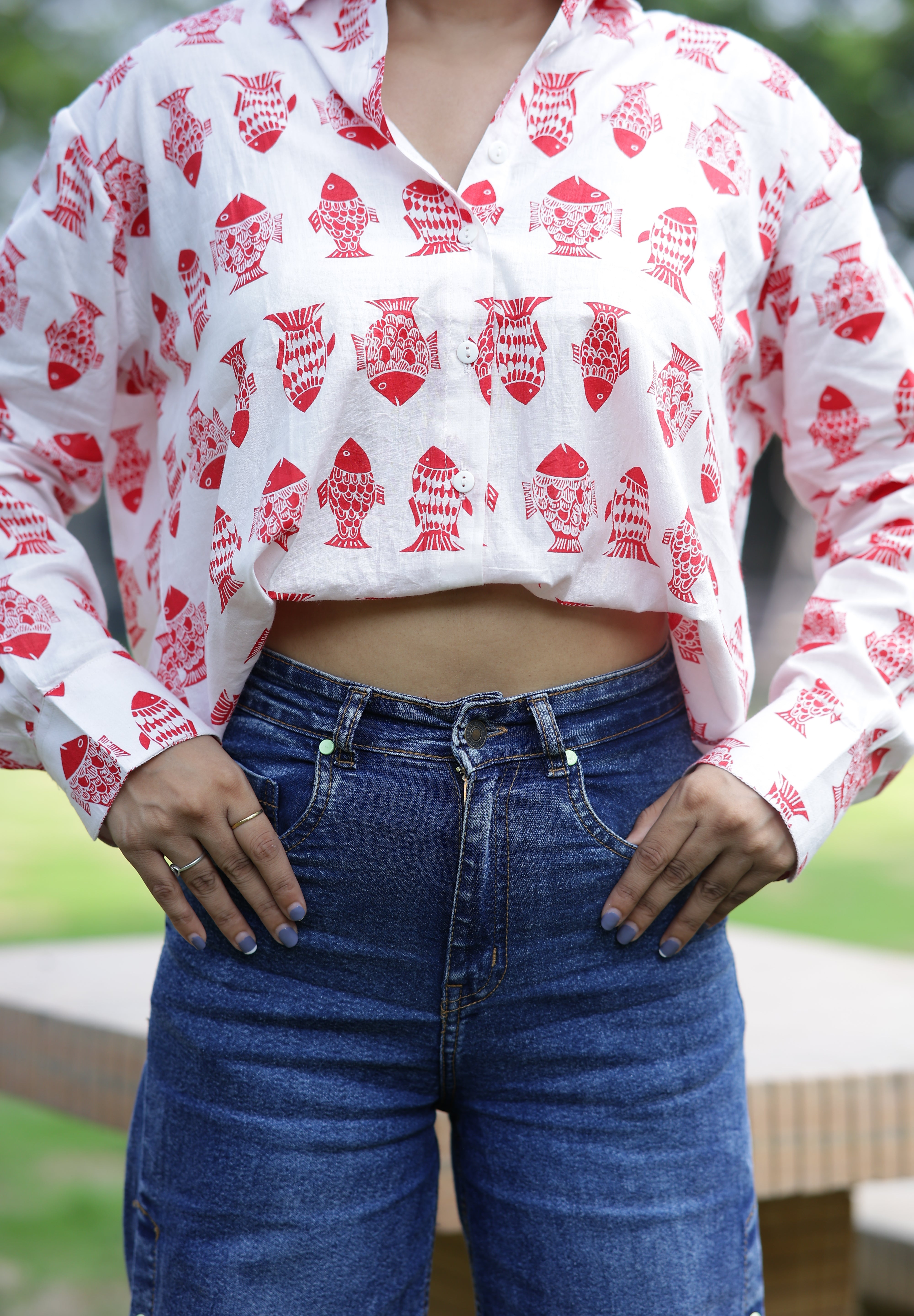 Red Fish Print 100% Cotton Full Sleeves Women's Shirt