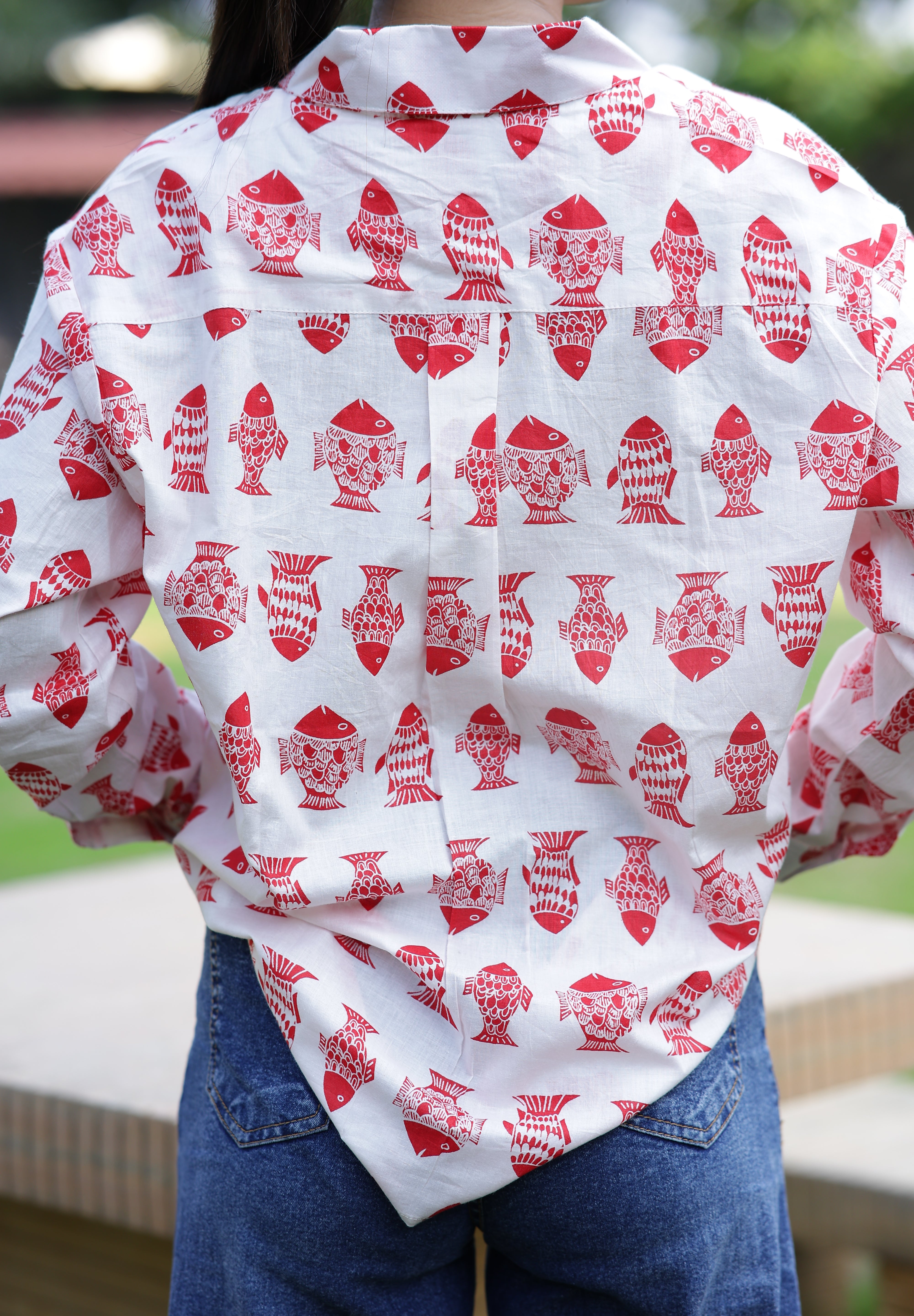 Red Fish Print 100% Cotton Full Sleeves Women's Shirt