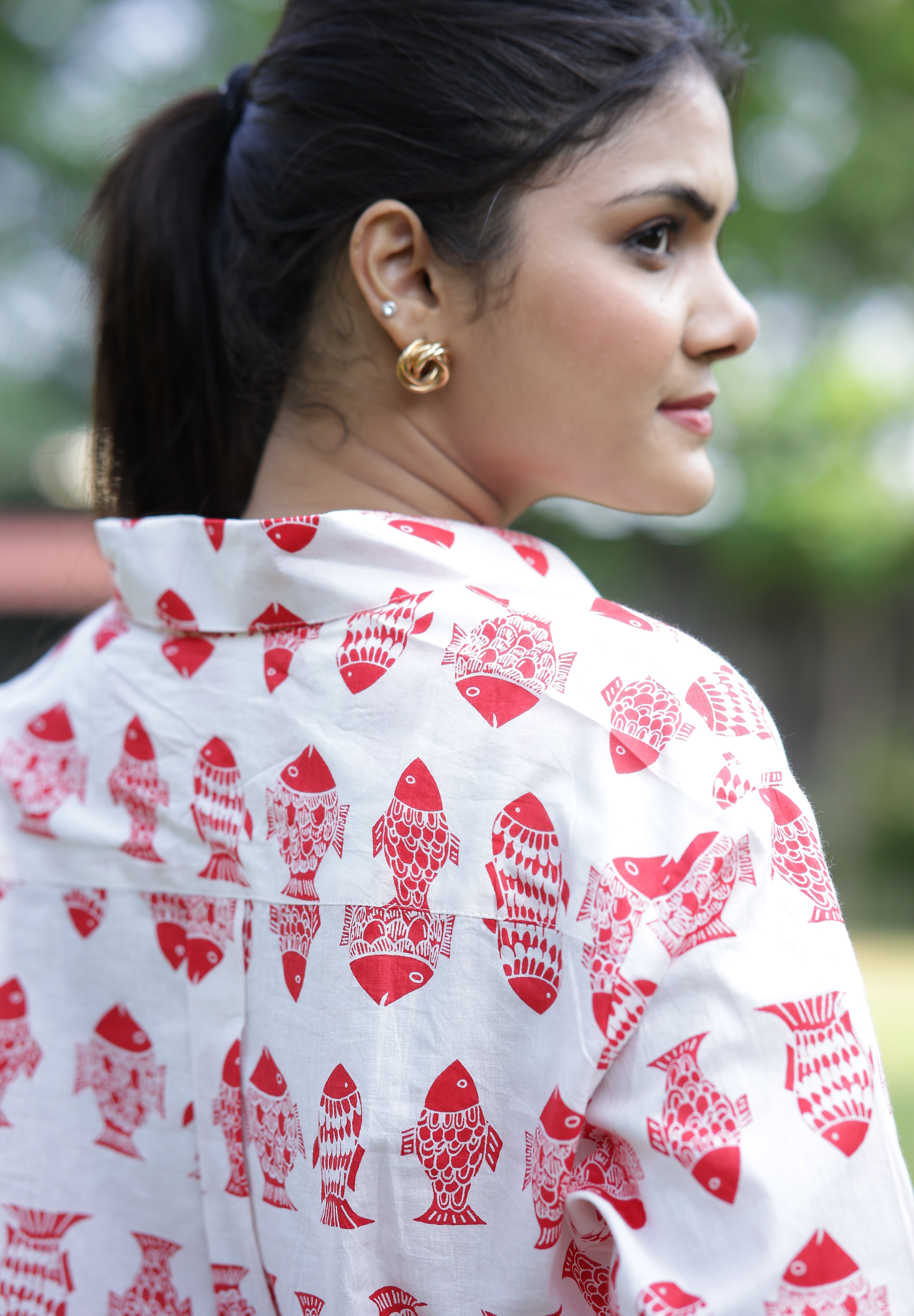 Red Fish Print 100% Cotton Full Sleeves Women's Shirt