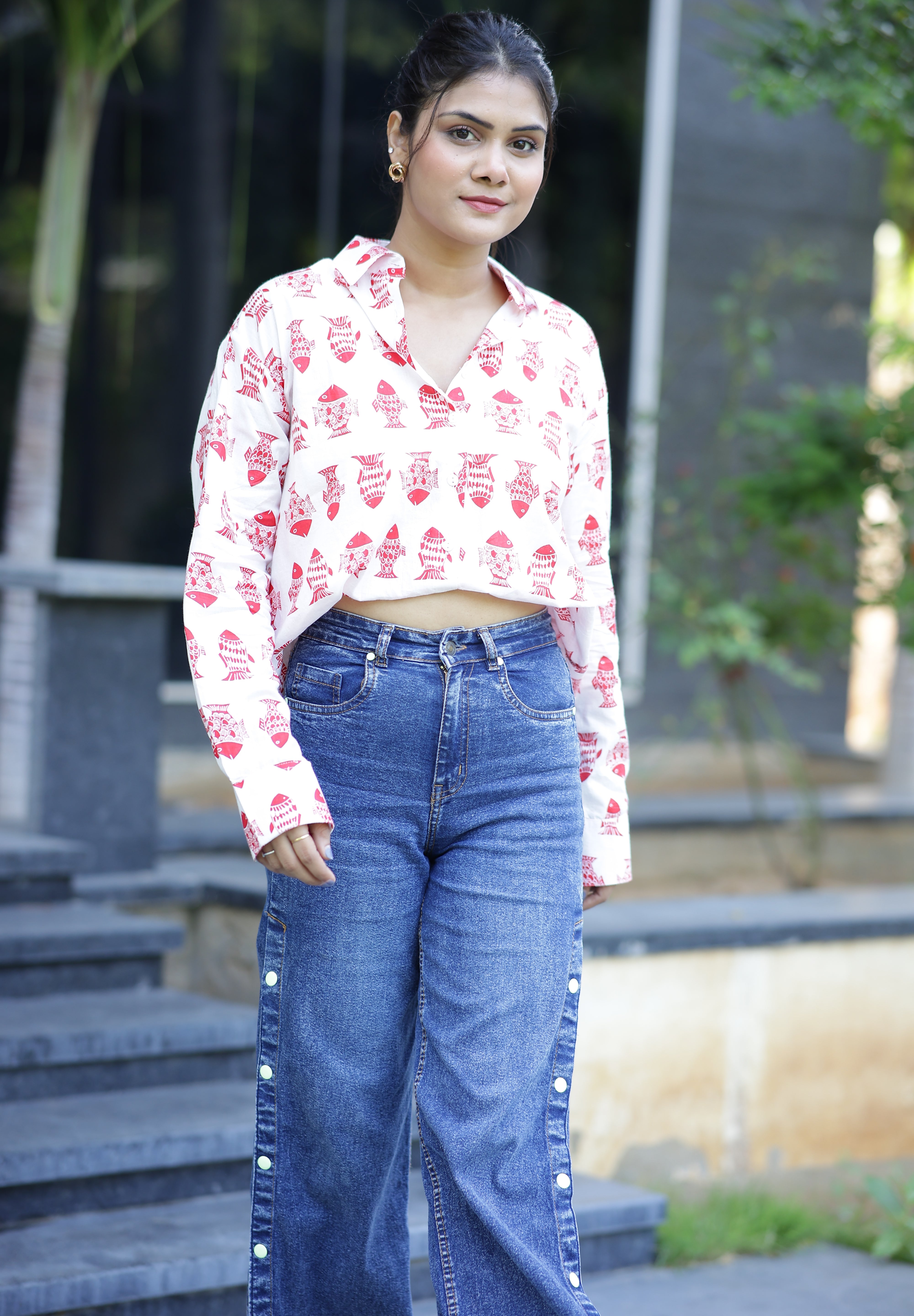 Red Fish Print 100% Cotton Full Sleeves Women's Shirt