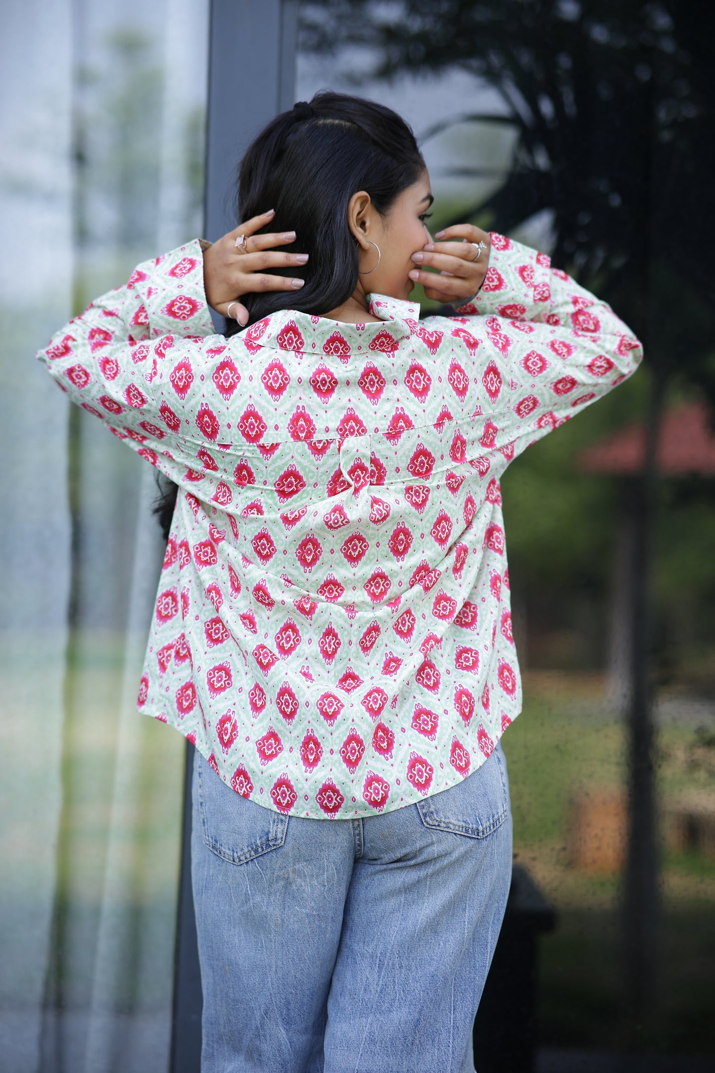 Ikat on White 100% Cotton Full Sleeves Women's Shirt