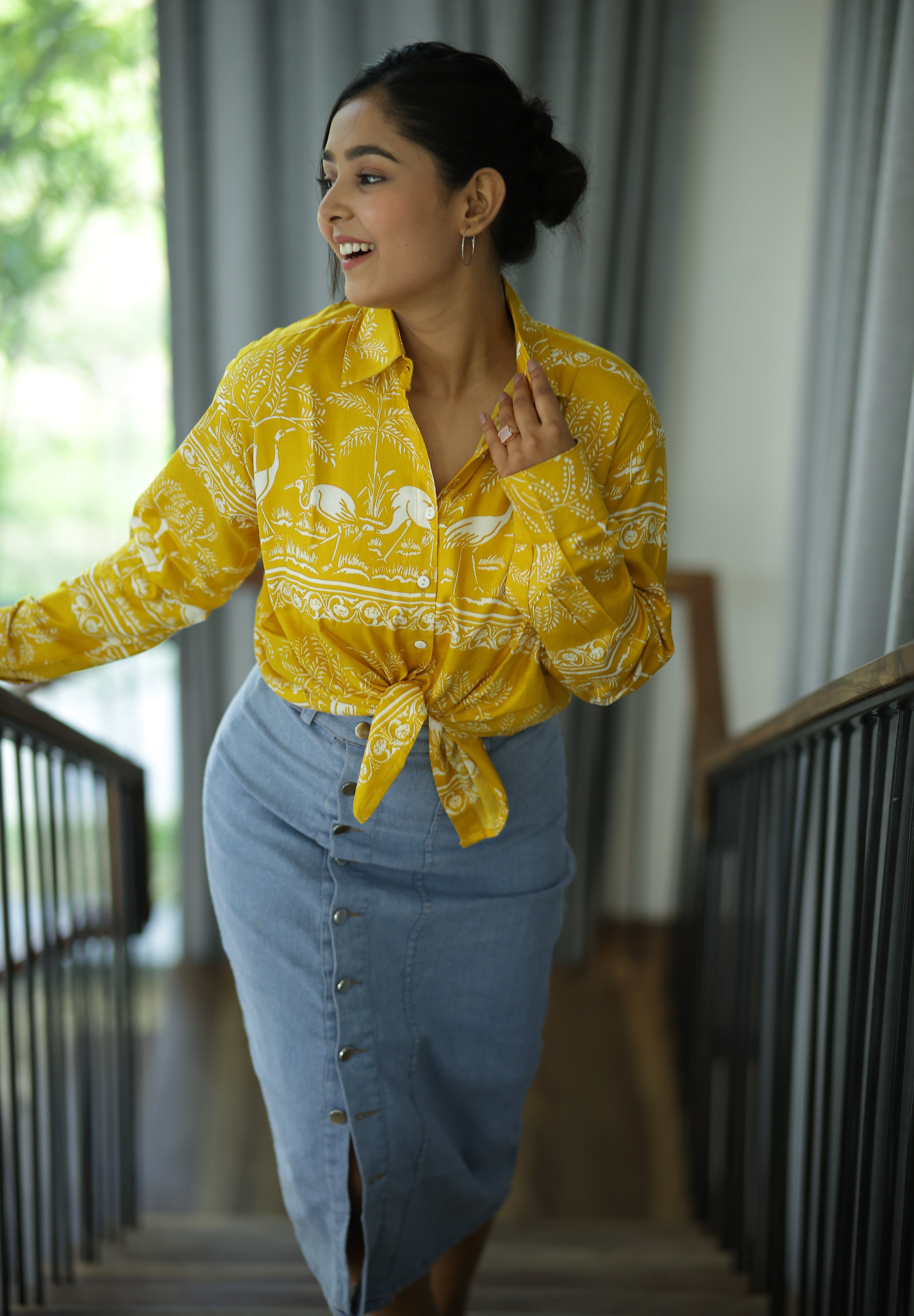 Yellow Safari Print 100% Cotton Full Sleeves Women's Shirt