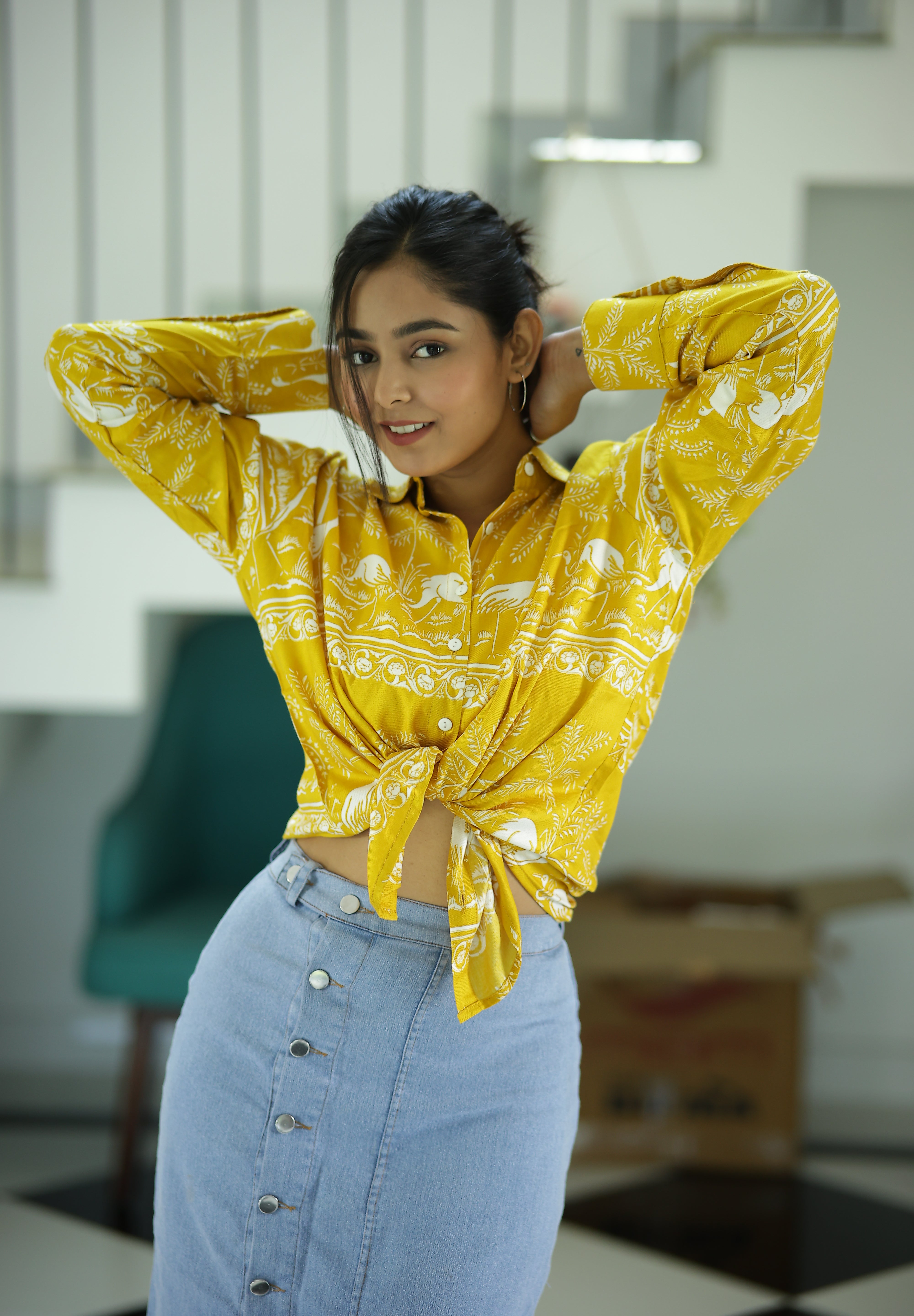 Yellow Safari Print 100% Cotton Full Sleeves Women's Shirt