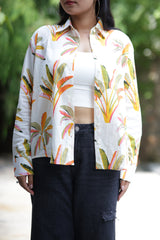 Palm Leaves on White Print 100% Cotton Full Sleeves Women's Shirt