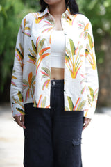Palm Leaves on White Print 100% Cotton Full Sleeves Women's Shirt