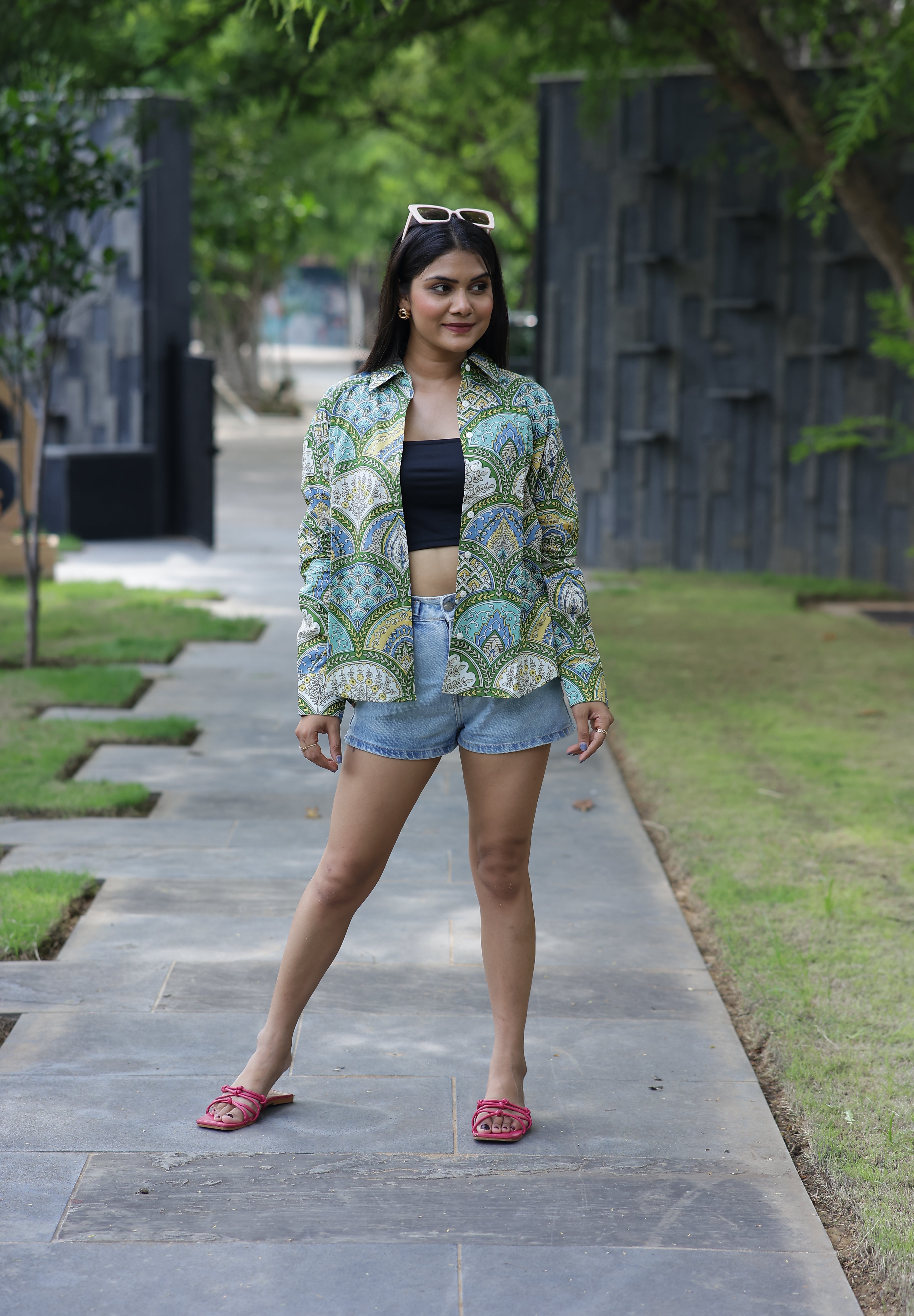 Green Scallop Print 100% Cotton Full Sleeves Women's Shirt