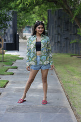 Green Scallop Print 100% Cotton Full Sleeves Women's Shirt