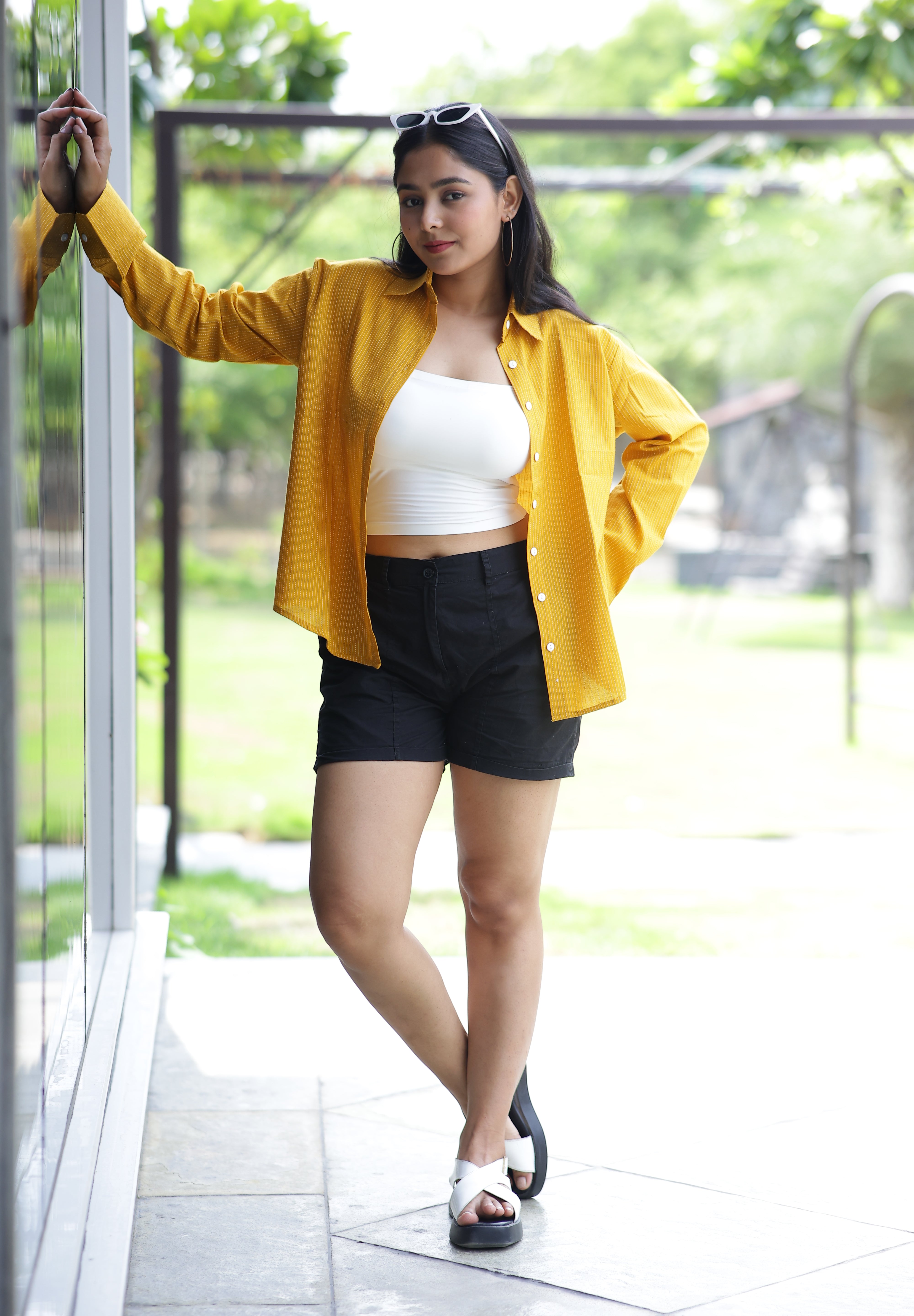 Yellow Self Striped 100% Cotton Full Sleeves Women's Shirt