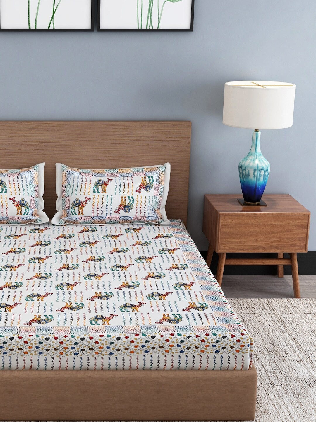 White & Brown Ethnic Motifs Cotton 1 King Bedsheet with 2 Pillow Covers