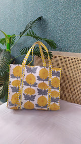 Handblock Printed Quilted Tote Bag without zip/button 17x18x 6 inches