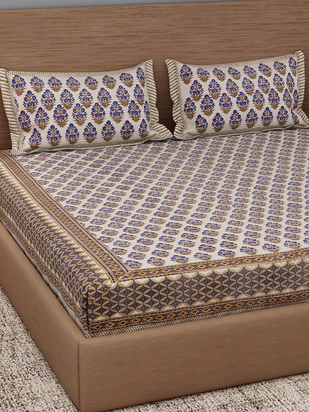 White & Navy Block Print Cotton 1 King Bedsheet & 2 Pillow Covers
