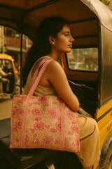 Handblock Printed Quilted Tote Bag without zip/button 17x18x 6 inches