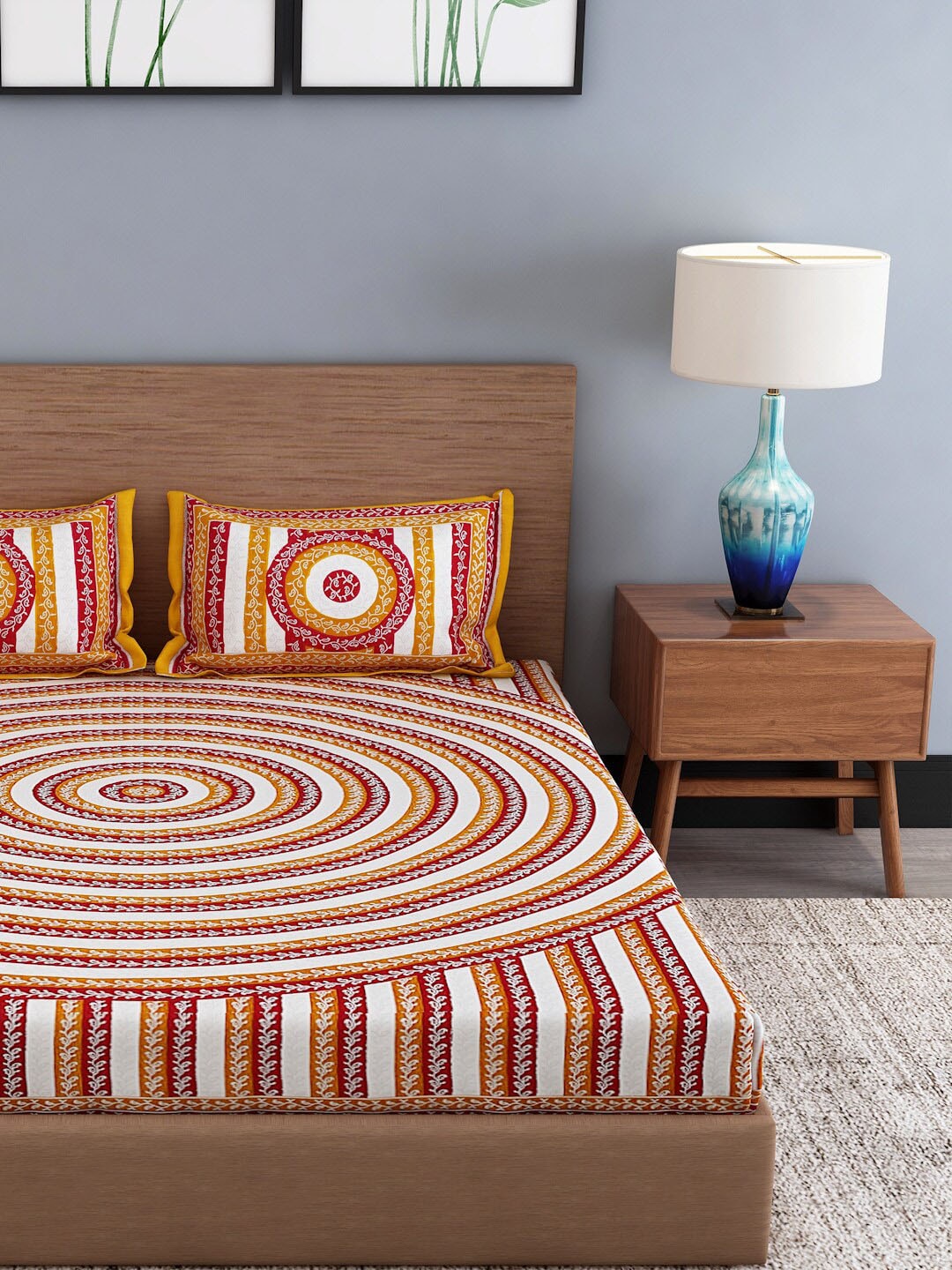 White & Orange Ethnic Motifs Cotton 1 King Bedsheet with 2 Pillow Covers