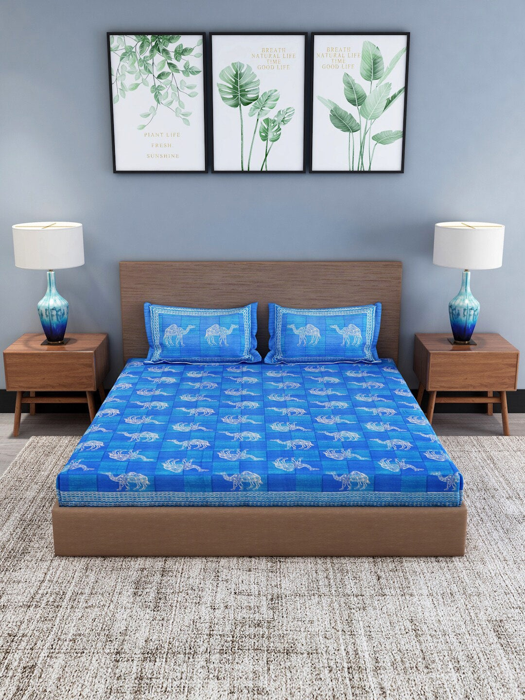 Blue Geometric Cotton 1 King Bedsheet with 2 Pillow Covers