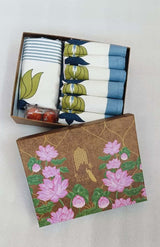 Diwali Gift Box with Handblock Printed Canvas Cotton Table Runner & Set Of 6 Mats, 2 laddoo candles