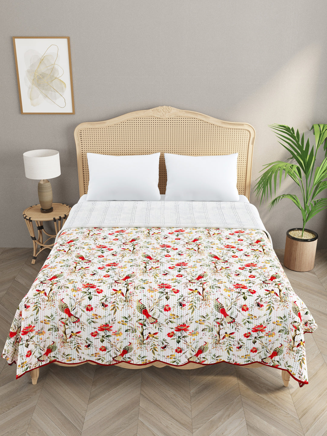 Handblock printed Kantha Bedcover