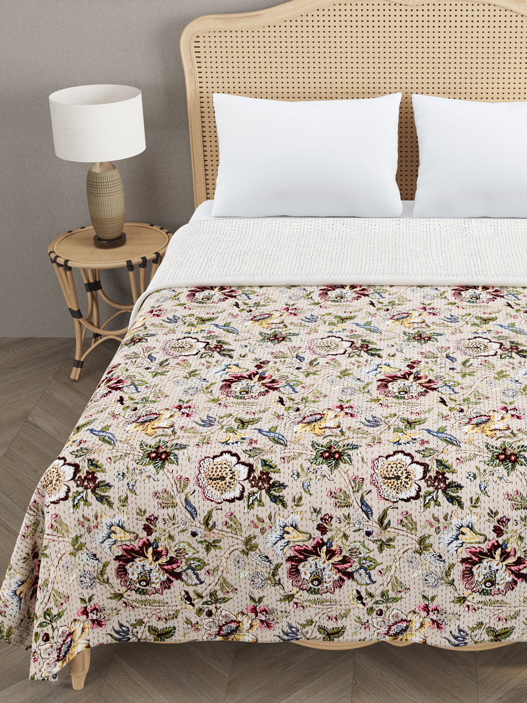Handblock printed Kantha Bedcover
