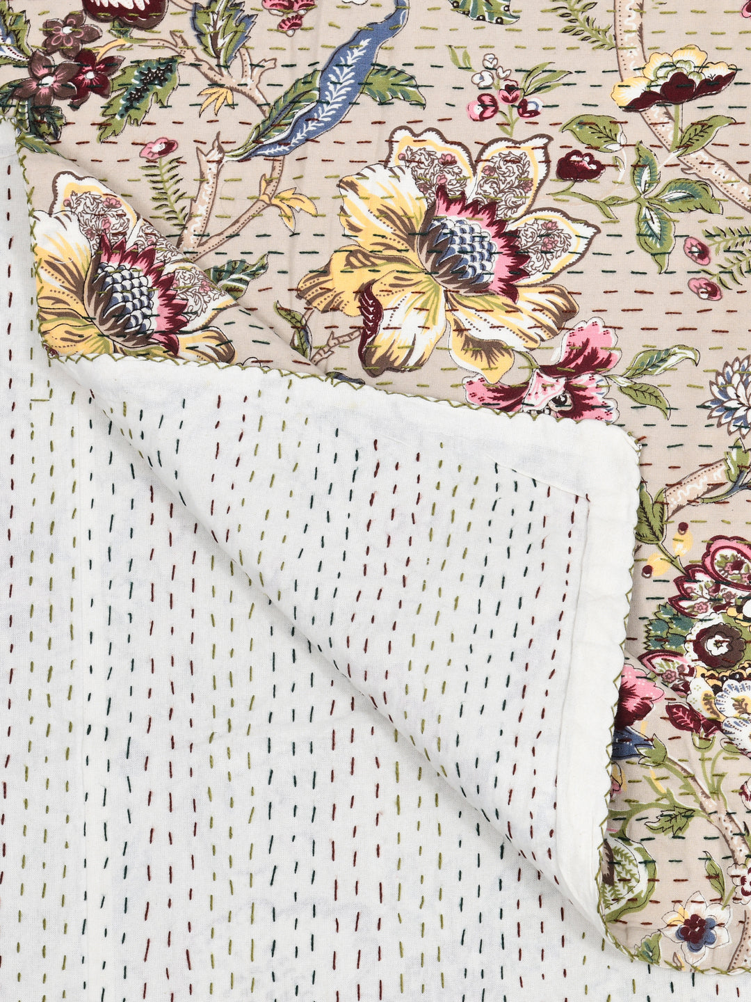 Handblock printed Kantha Bedcover