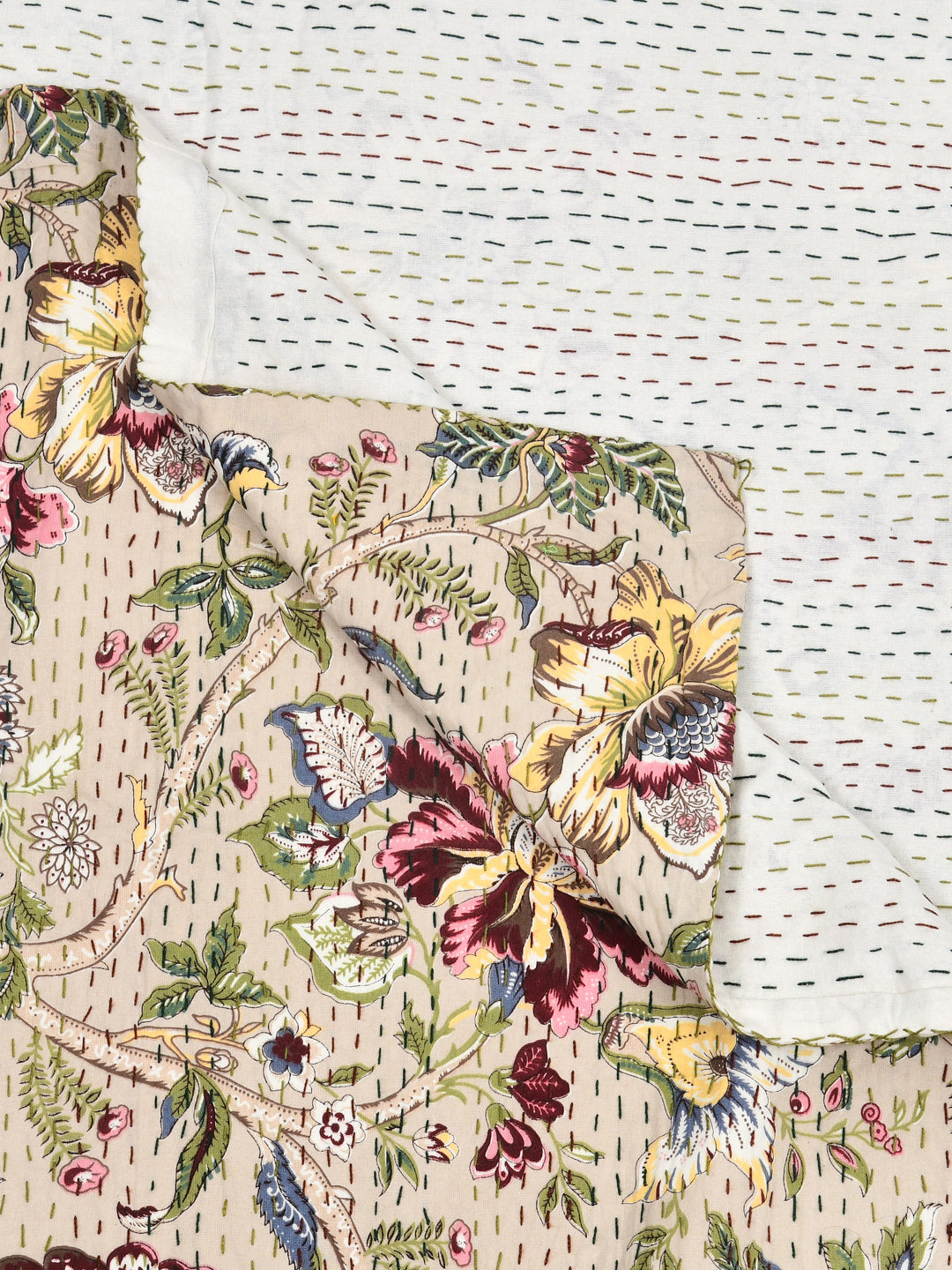 Handblock printed Kantha Bedcover