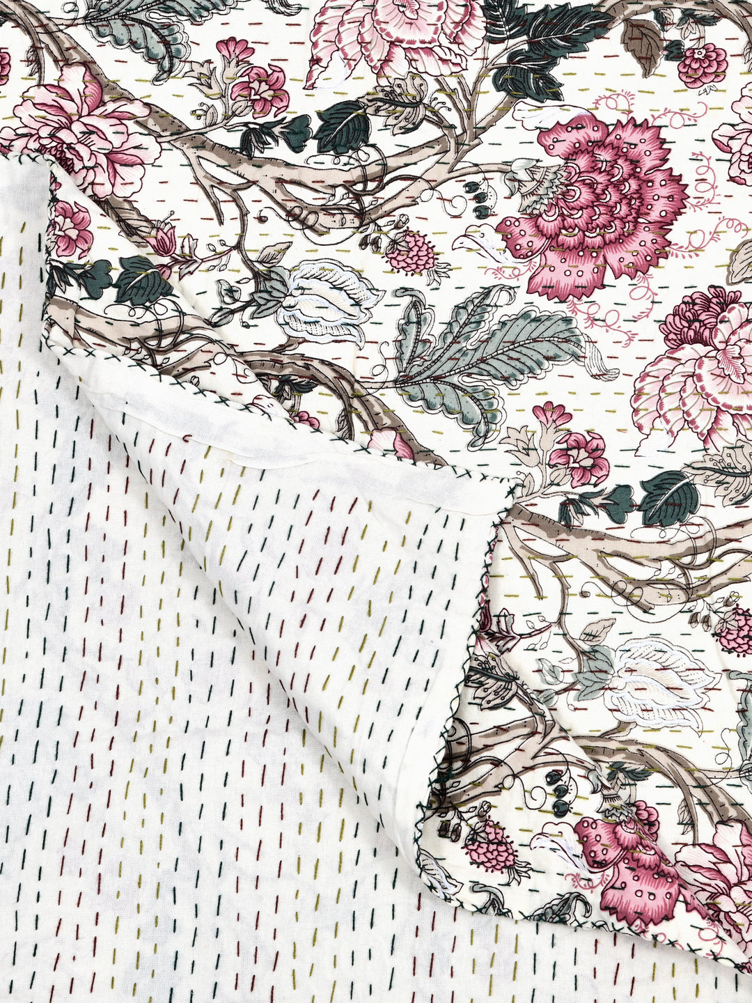 Handblock printed Kantha Bedcover