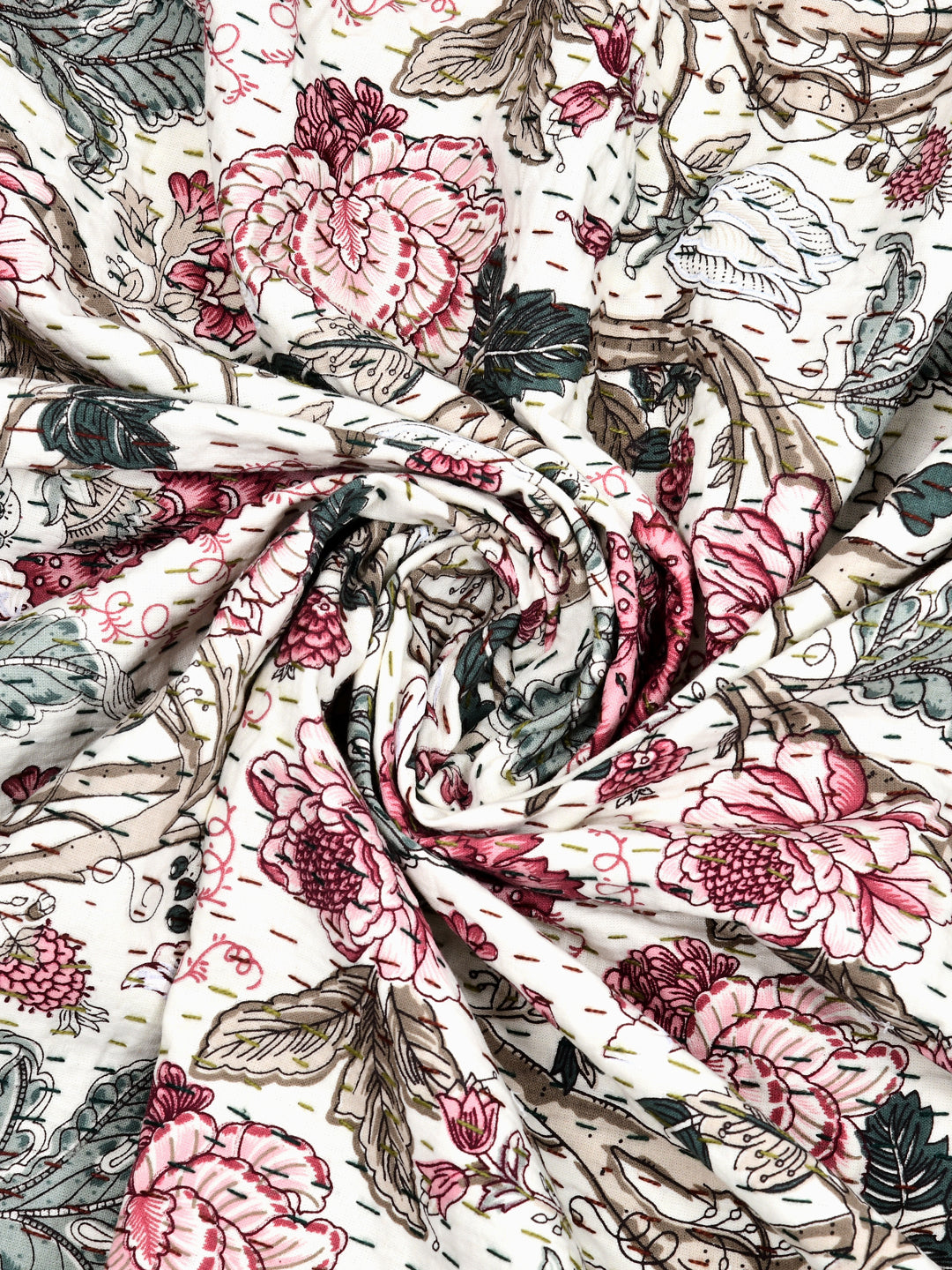 Handblock printed Kantha Bedcover