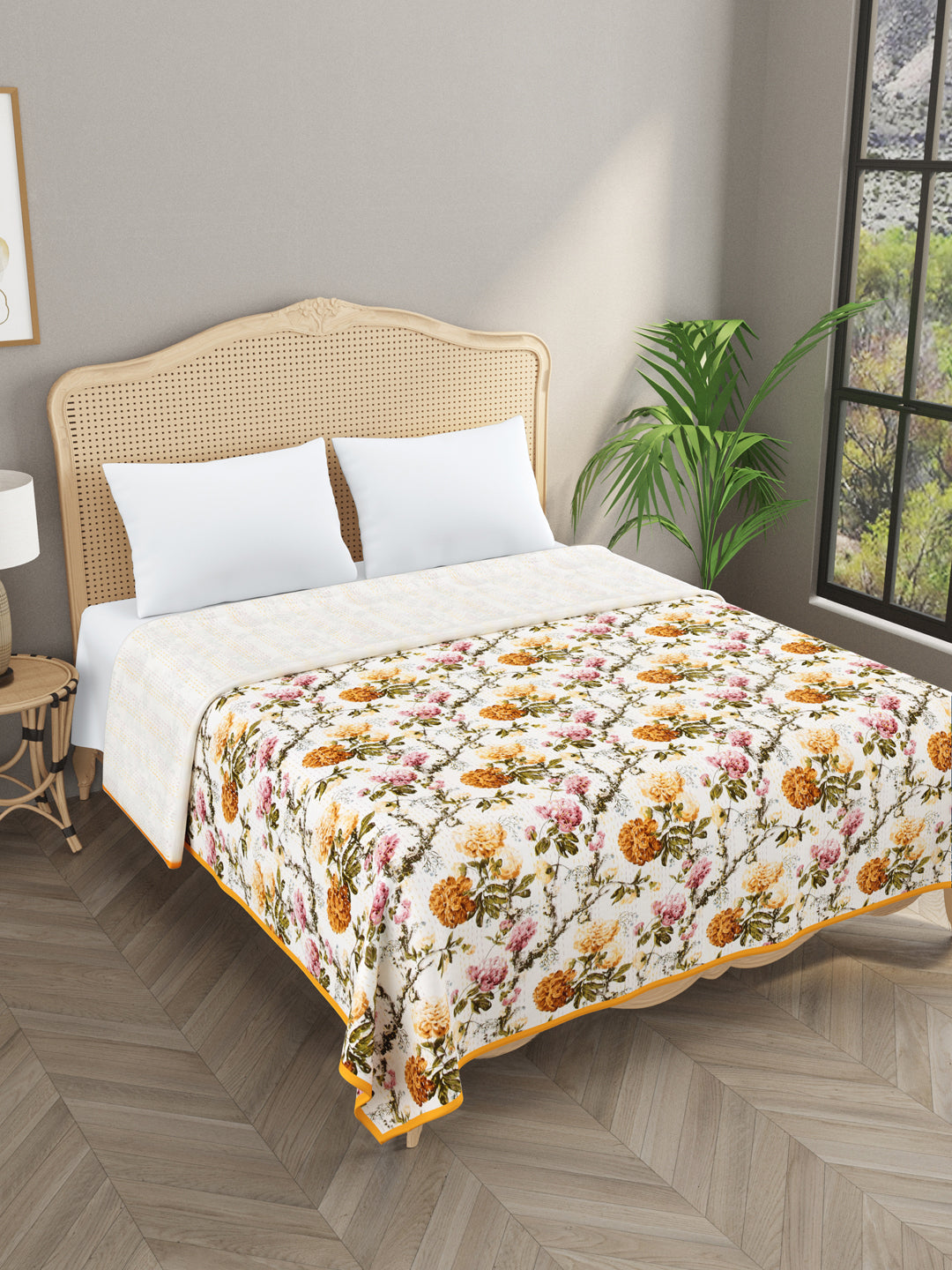 Handblock printed Kantha Bedcover