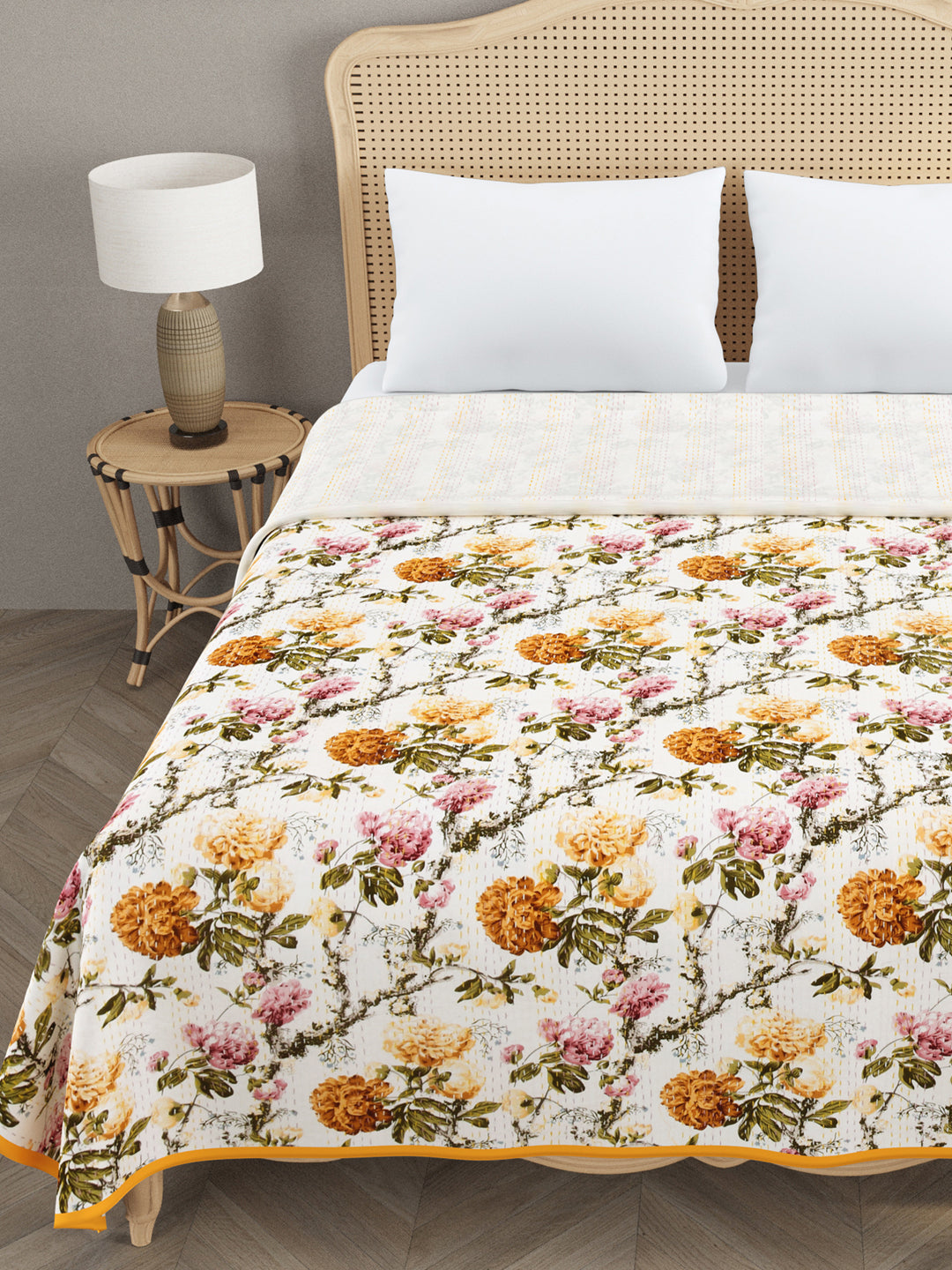 Handblock printed Kantha Bedcover