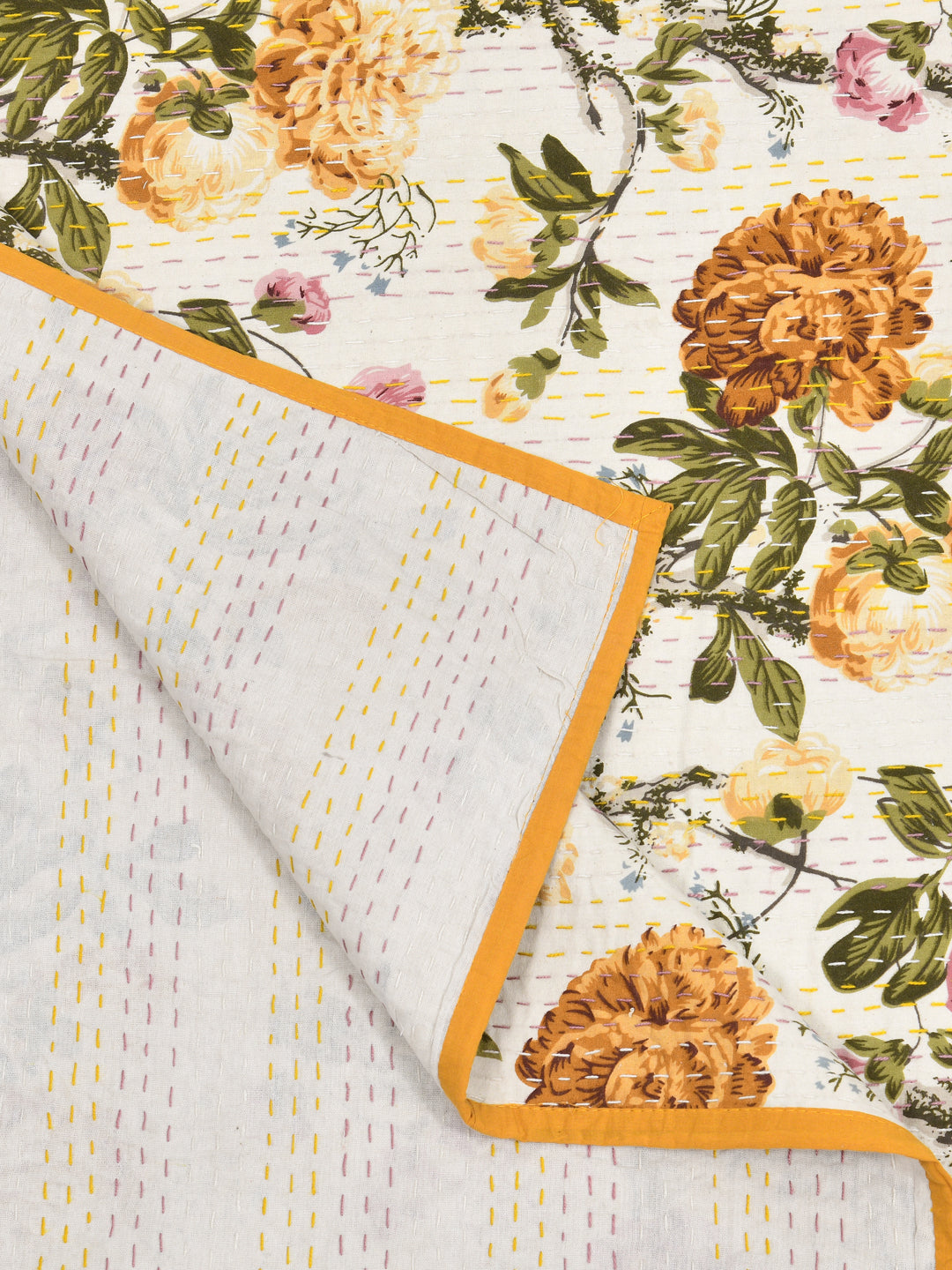 Handblock printed Kantha Bedcover