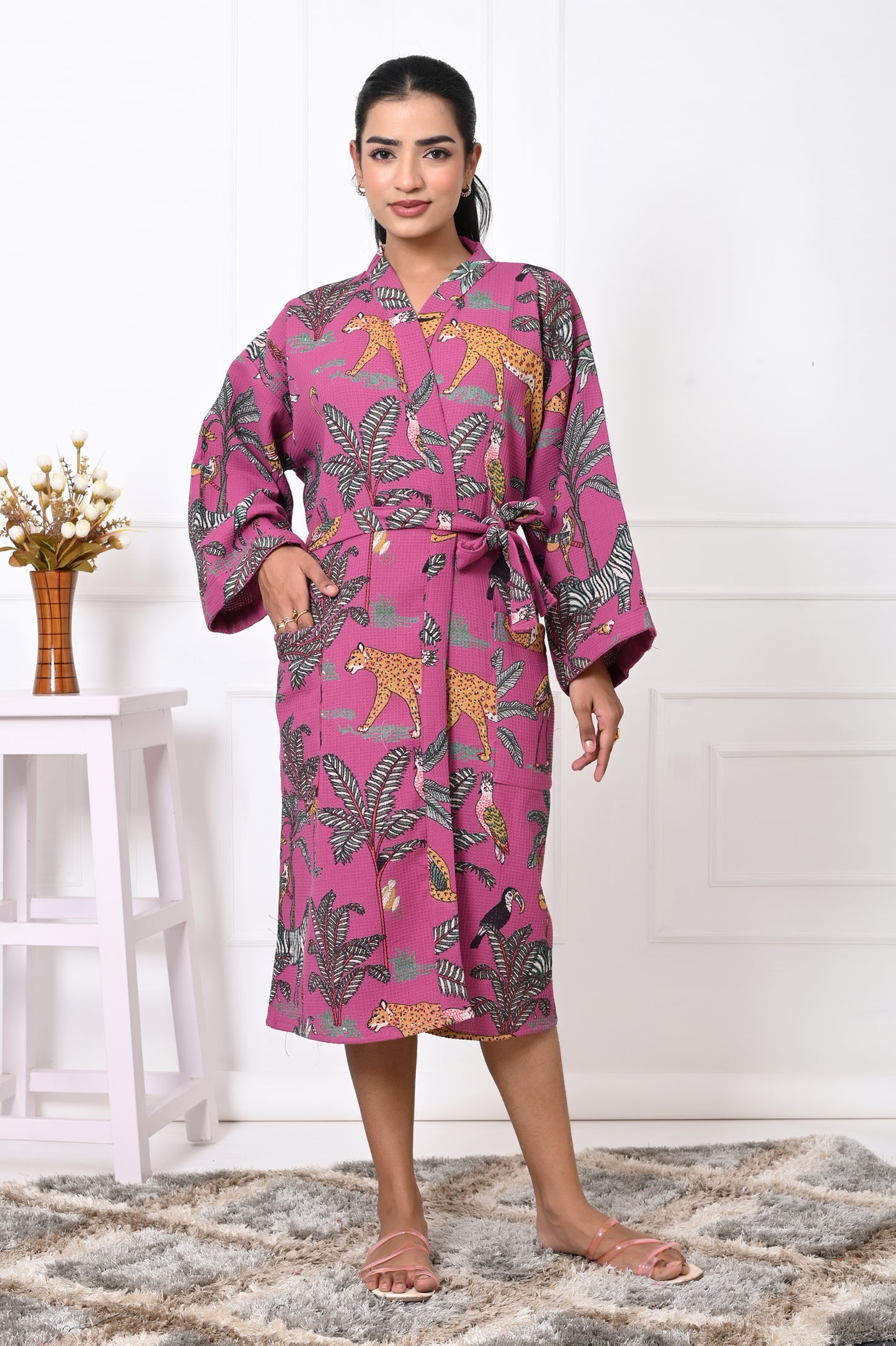 Waffle Cotton Handblock Printed Unisex Bathrobe - Free Size