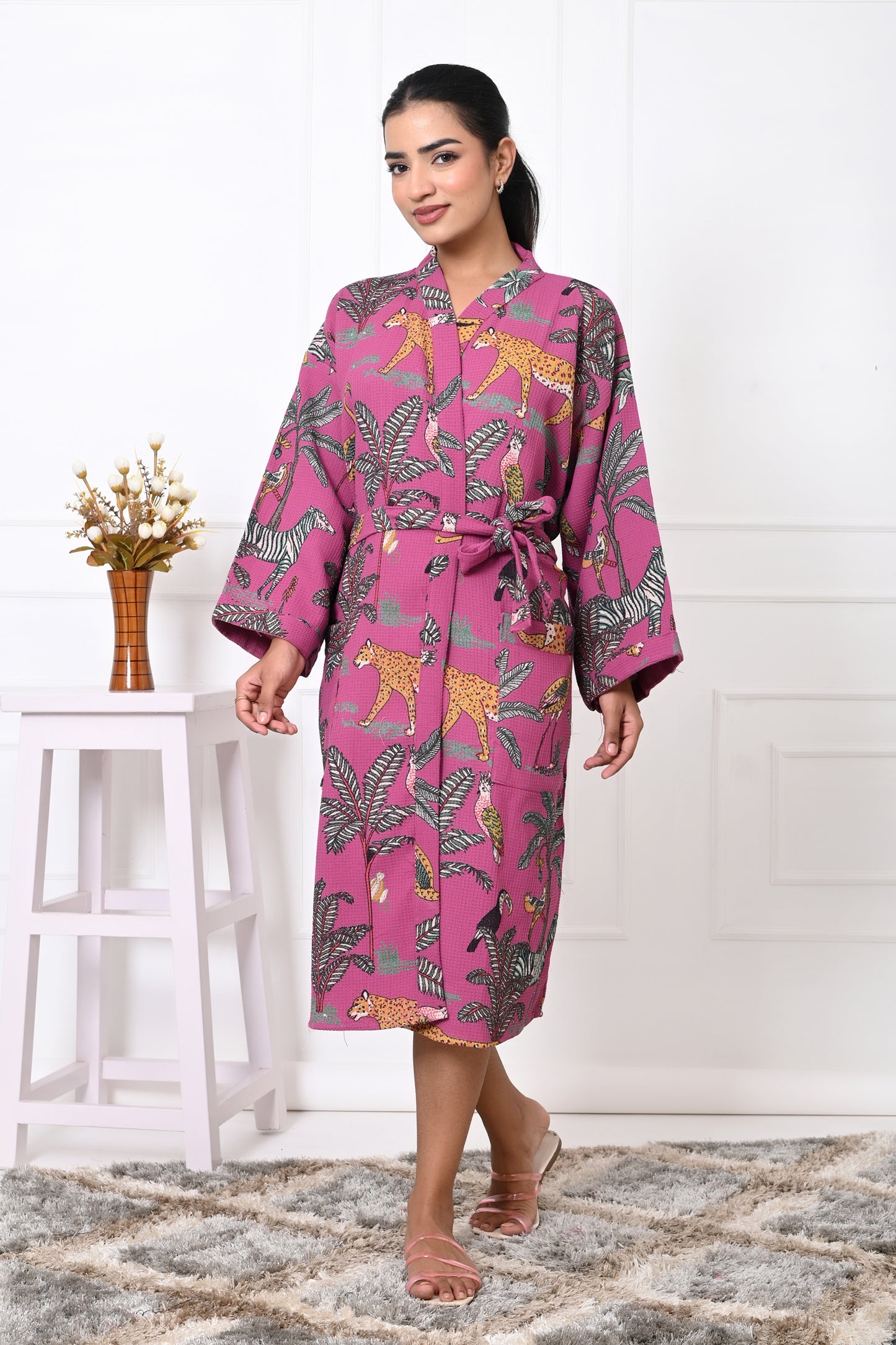 Waffle Cotton Handblock Printed Unisex Bathrobe - Free Size
