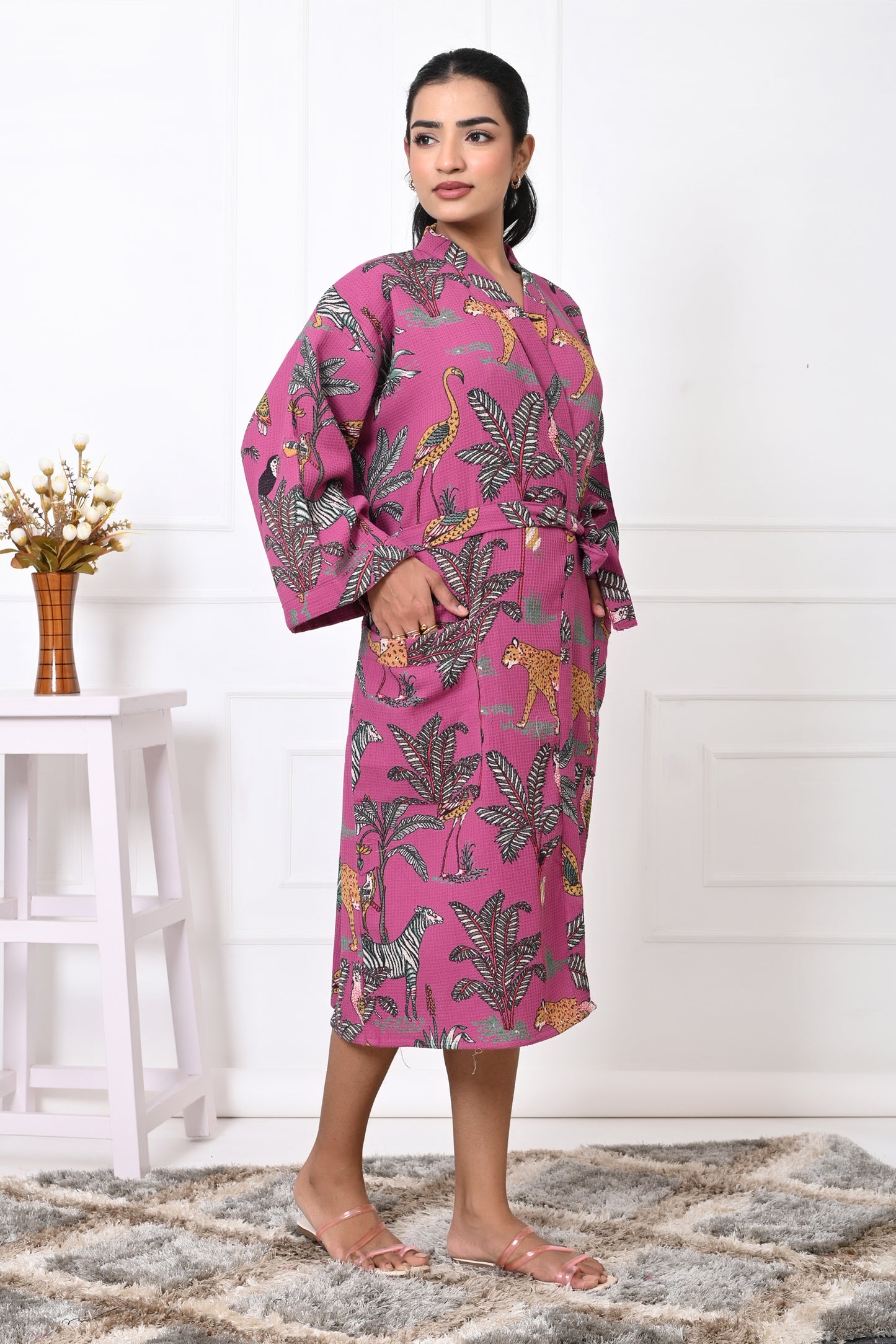 Waffle Cotton Handblock Printed Unisex Bathrobe - Free Size