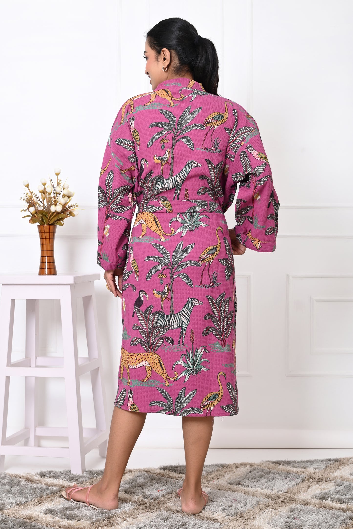 Waffle Cotton Handblock Printed Unisex Bathrobe - Free Size