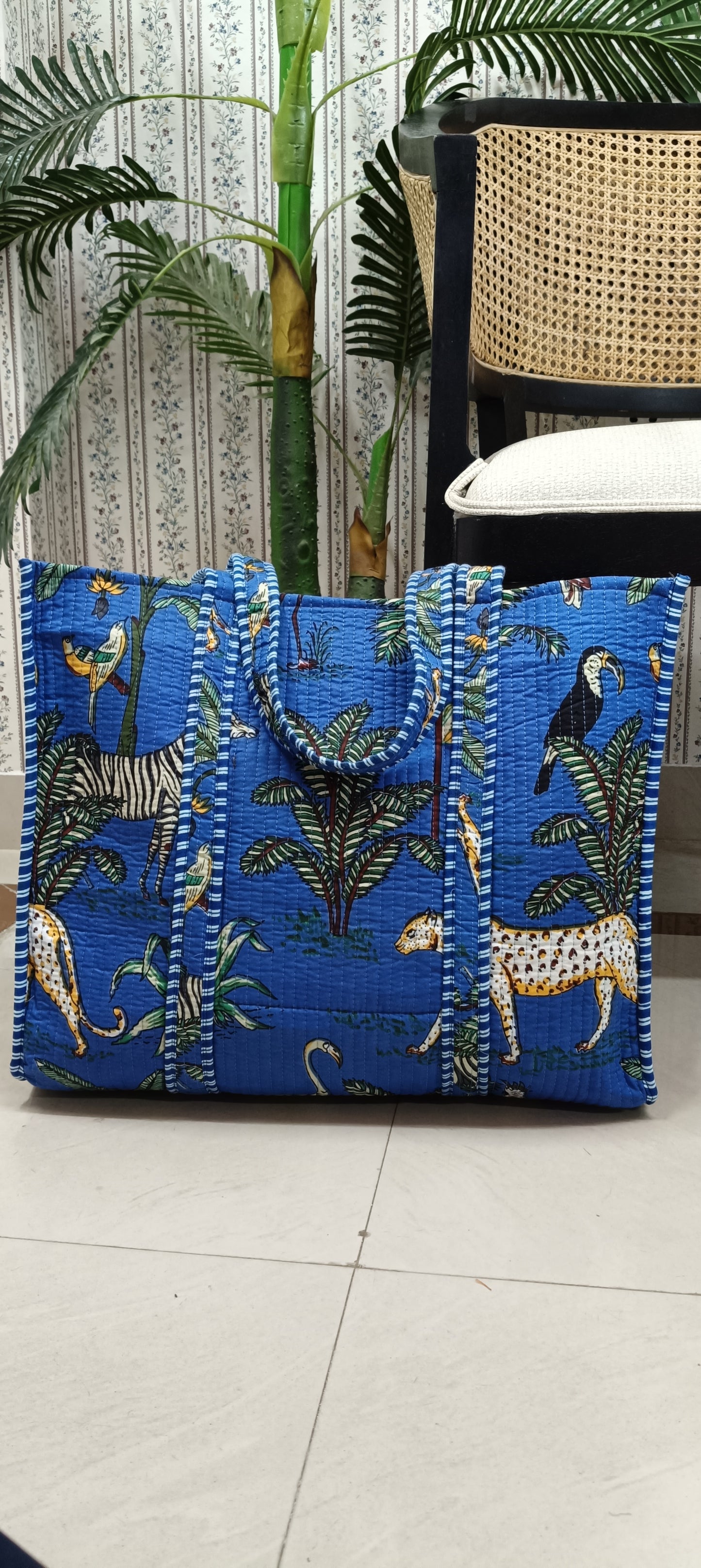 Handblock Printed Quilted Tote Bag without zip/button 17x18x 6 inches